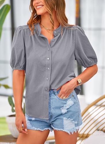Women's Summer Tops Button Down Shirts Short Lantern Sleeve V Neck Cotton Cute Dressy Casual Blouses