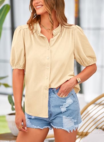 Women's Summer Tops Button Down Shirts Short Lantern Sleeve V Neck Cotton Cute Dressy Casual Blouses