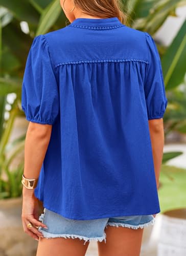 Women's Summer Tops Button Down Shirts Short Lantern Sleeve V Neck Cotton Cute Dressy Casual Blouses