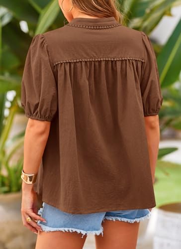 Women's Summer Tops Button Down Shirts Short Lantern Sleeve V Neck Cotton Cute Dressy Casual Blouses
