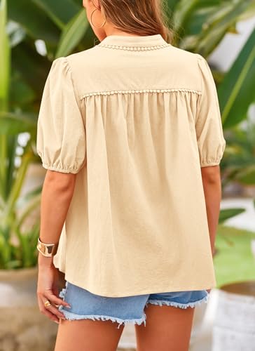 Women's Summer Tops Button Down Shirts Short Lantern Sleeve V Neck Cotton Cute Dressy Casual Blouses
