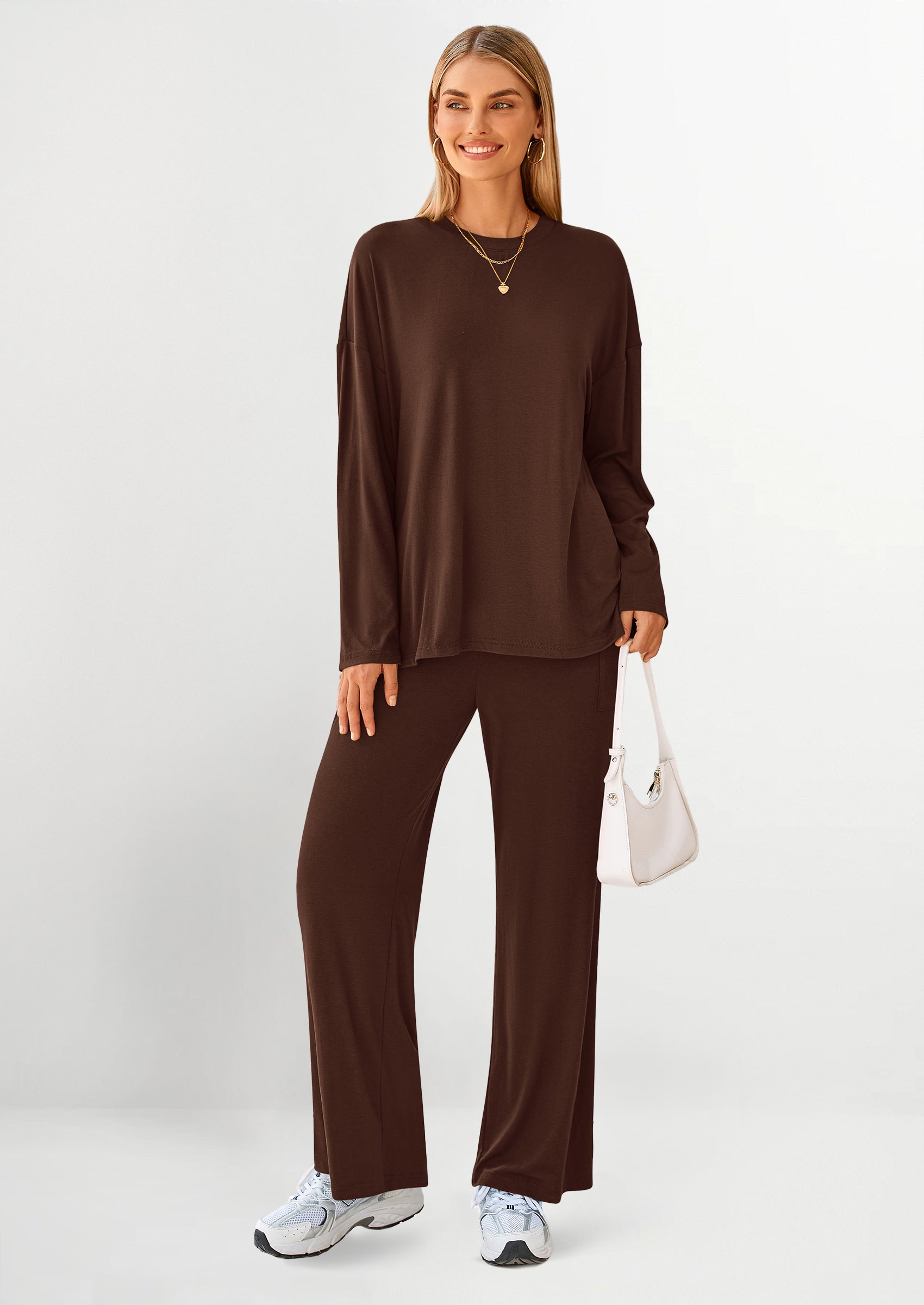 Women's Two Piece Lounge Sets Matching Long Sleeve Shirts Wide Leg Pants Tracksuits Travel Outfits Fall Clothes