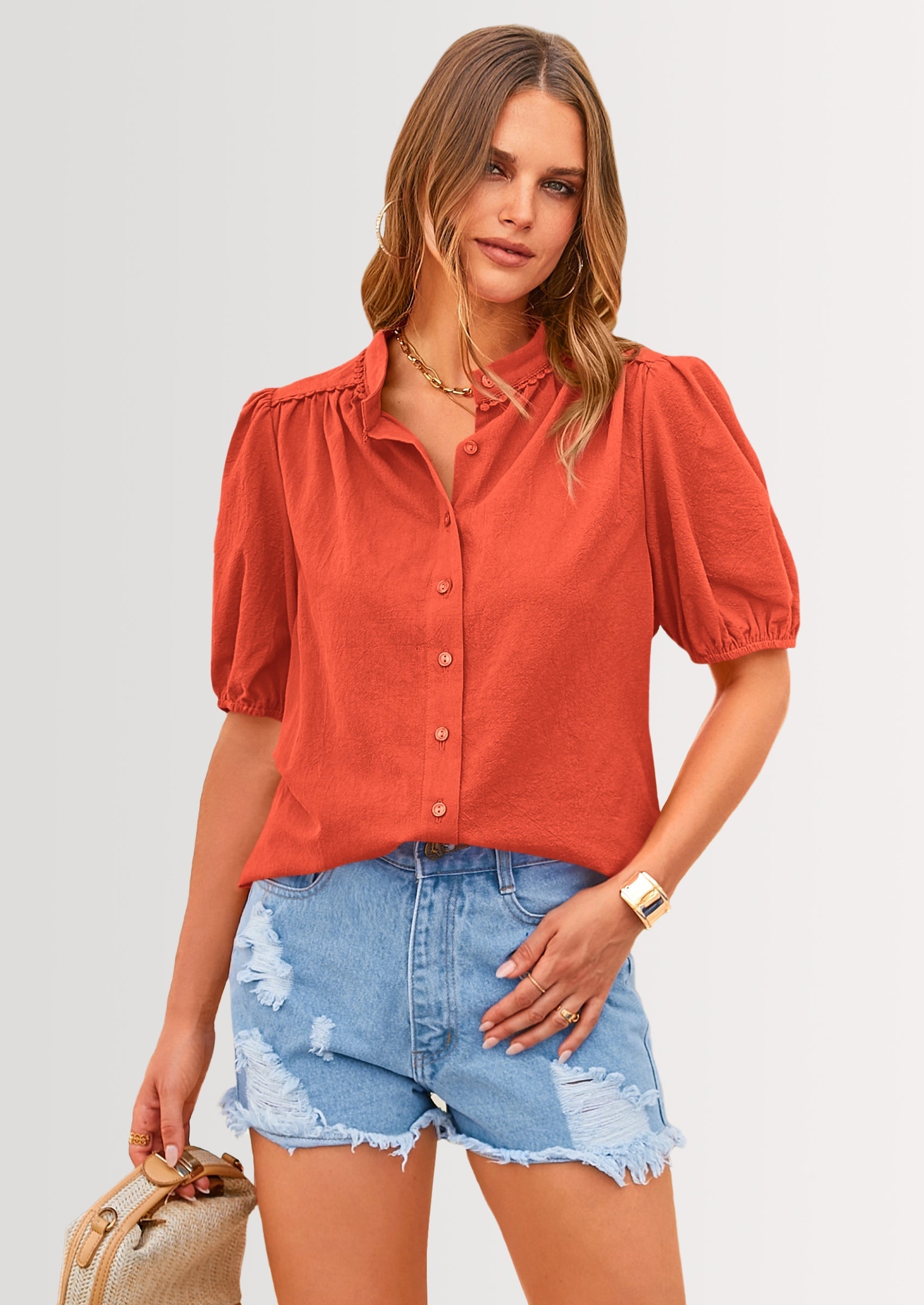 Women's Summer Tops Button Down Shirts Short Lantern Sleeve V Neck Cotton Cute Dressy Casual Blouses