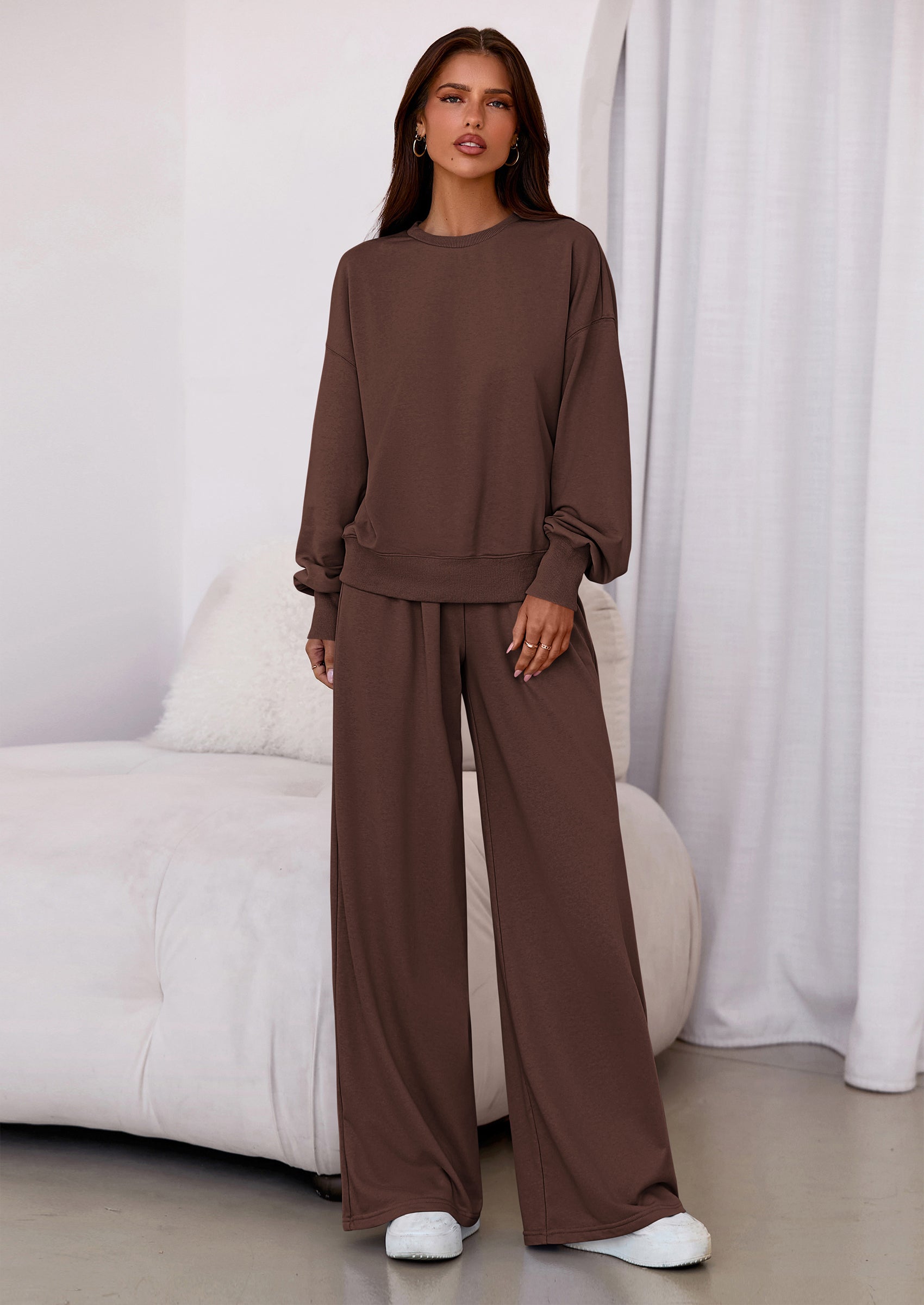 Womens 2 Piece Sets Long Sleeve Sweatshirt Wide Leg Pants Loose Matching Lounge Set Trendy Fall Outfits