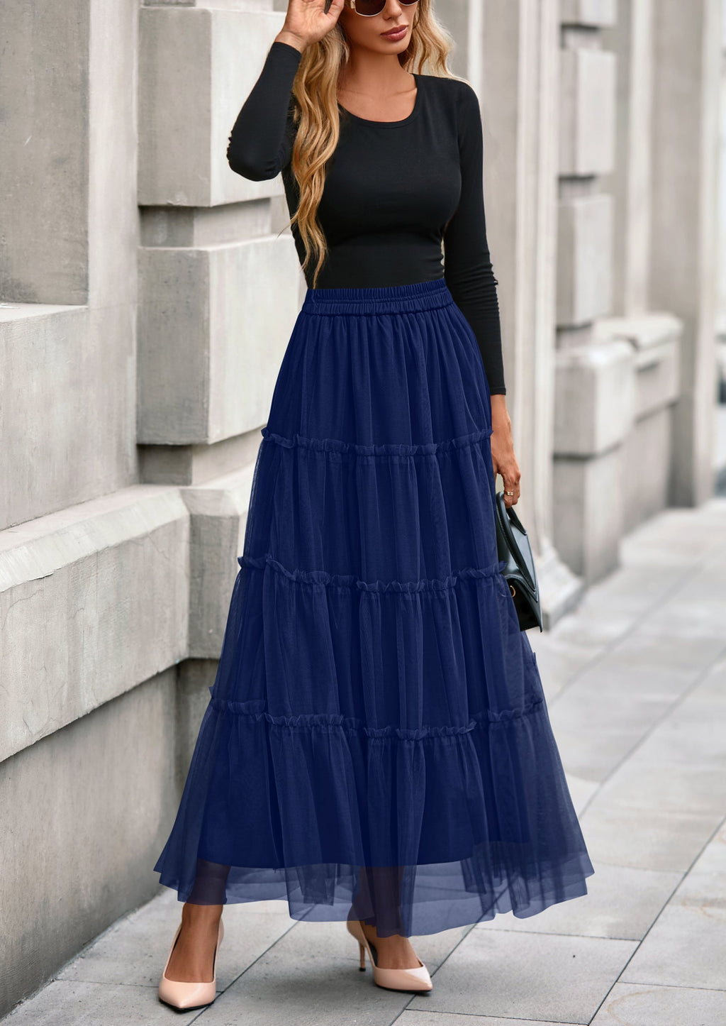 Maxi Skirts for Women Fall Tulle High Waisted Ruffle Flowy A-Line Long Skirt Country Concert Outfits