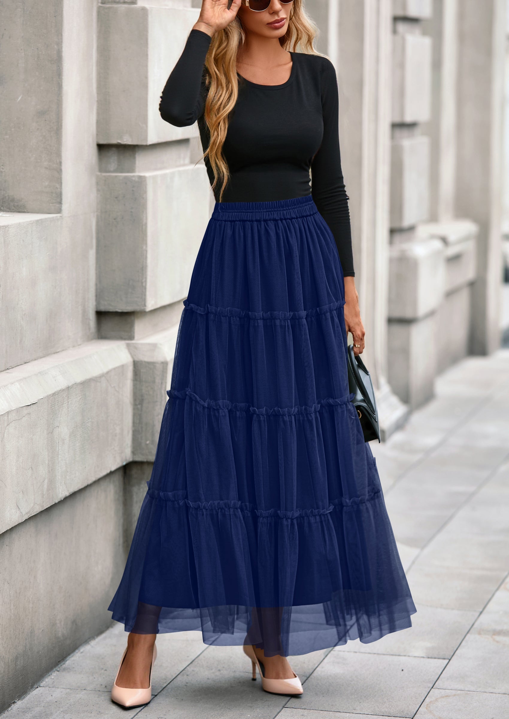 Maxi Skirts for Women Fall Tulle High Waisted Ruffle Flowy A-Line Long Skirt Country Concert Outfits