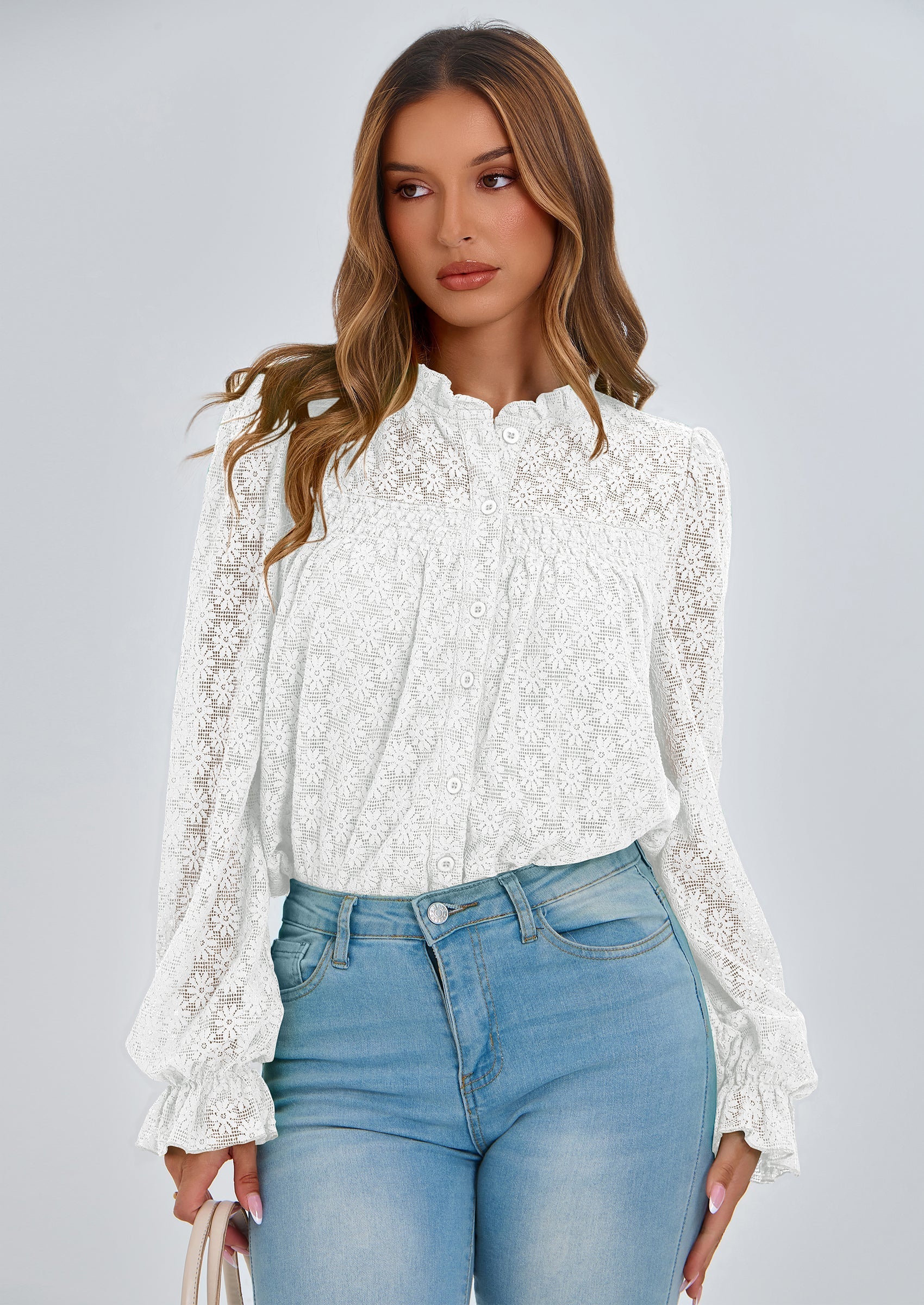 Lace Long Sleeve Tops for Women Eyelet Blouses Dressy Casual Hollow Out Button Down Shirts Summer Outfits