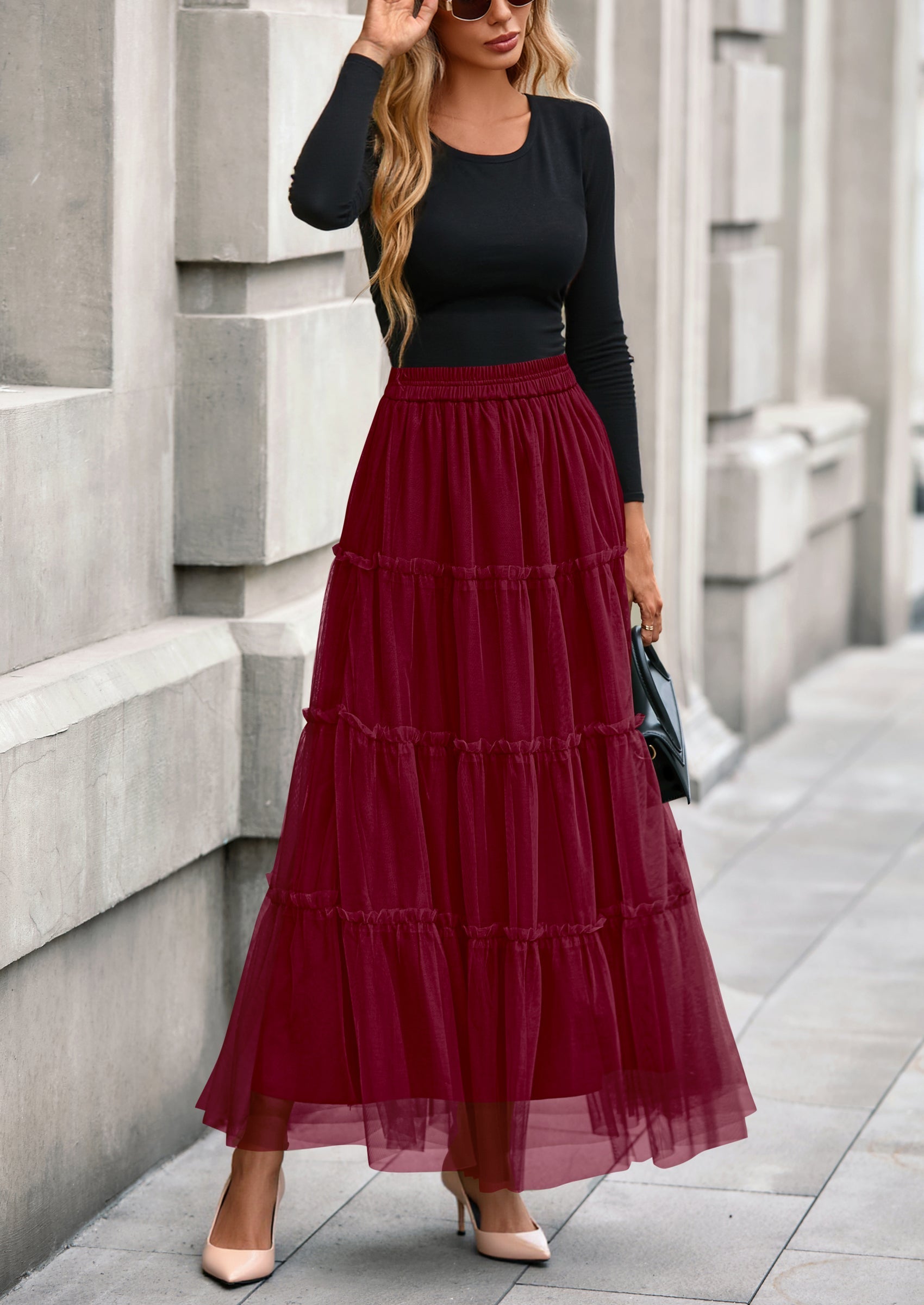 Maxi Skirts for Women Fall Tulle High Waisted Ruffle Flowy A-Line Long Skirt Country Concert Outfits