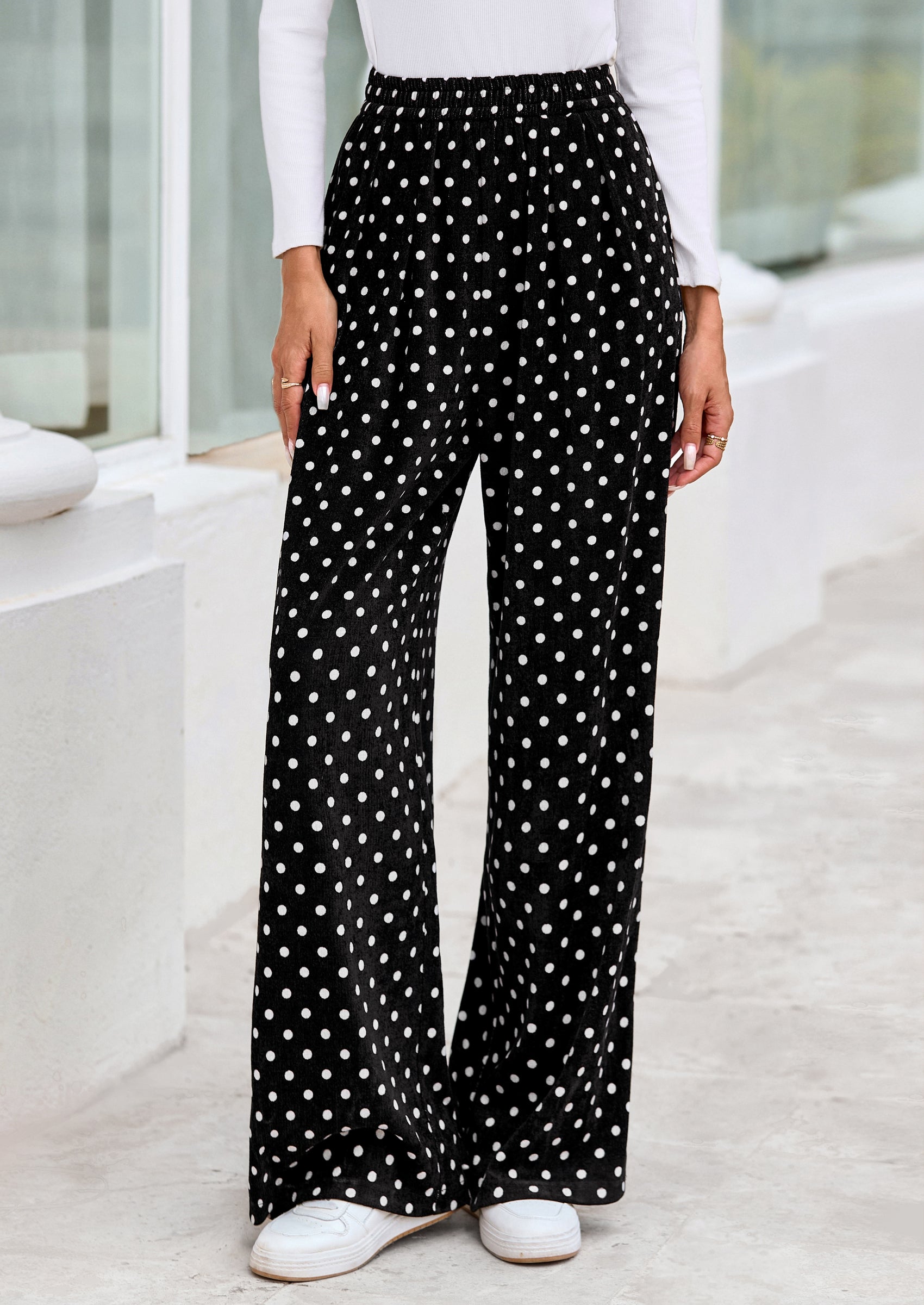 Casual Women's Pants Elastic Waist Palazzo Long Stretchy Wide Leg Trousers Knit Fall Outfits with Pockets