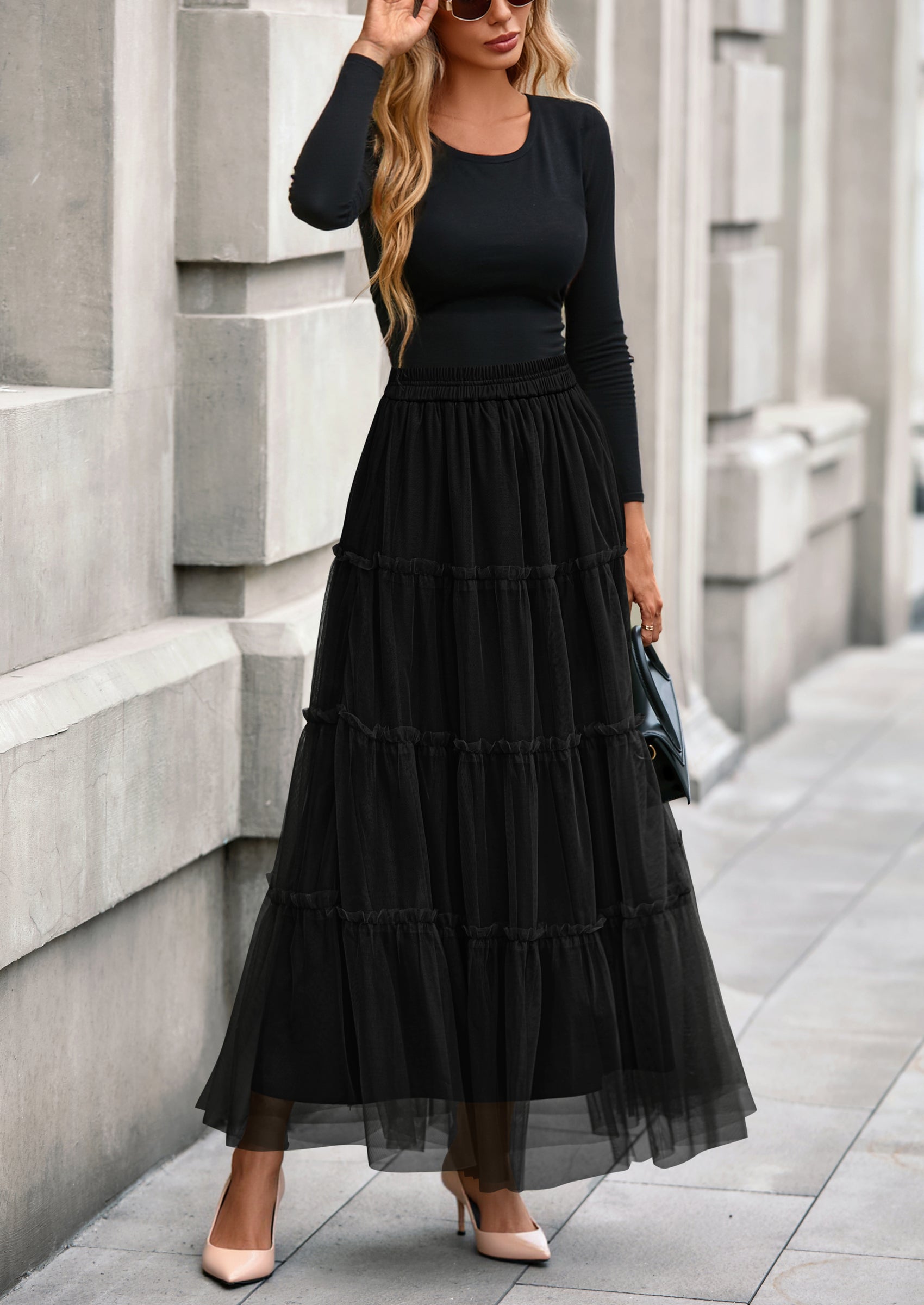 Maxi Skirts for Women Fall Tulle High Waisted Ruffle Flowy A-Line Long Skirt Country Concert Outfits