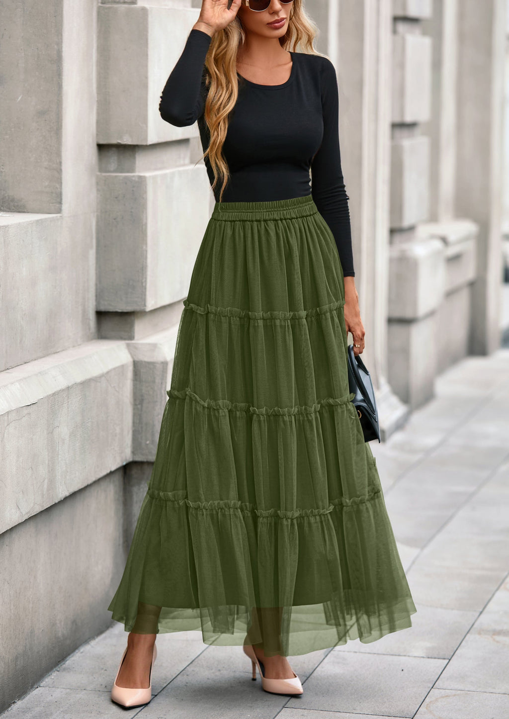 Maxi Skirts for Women Fall Tulle High Waisted Ruffle Flowy A-Line Long Skirt Country Concert Outfits