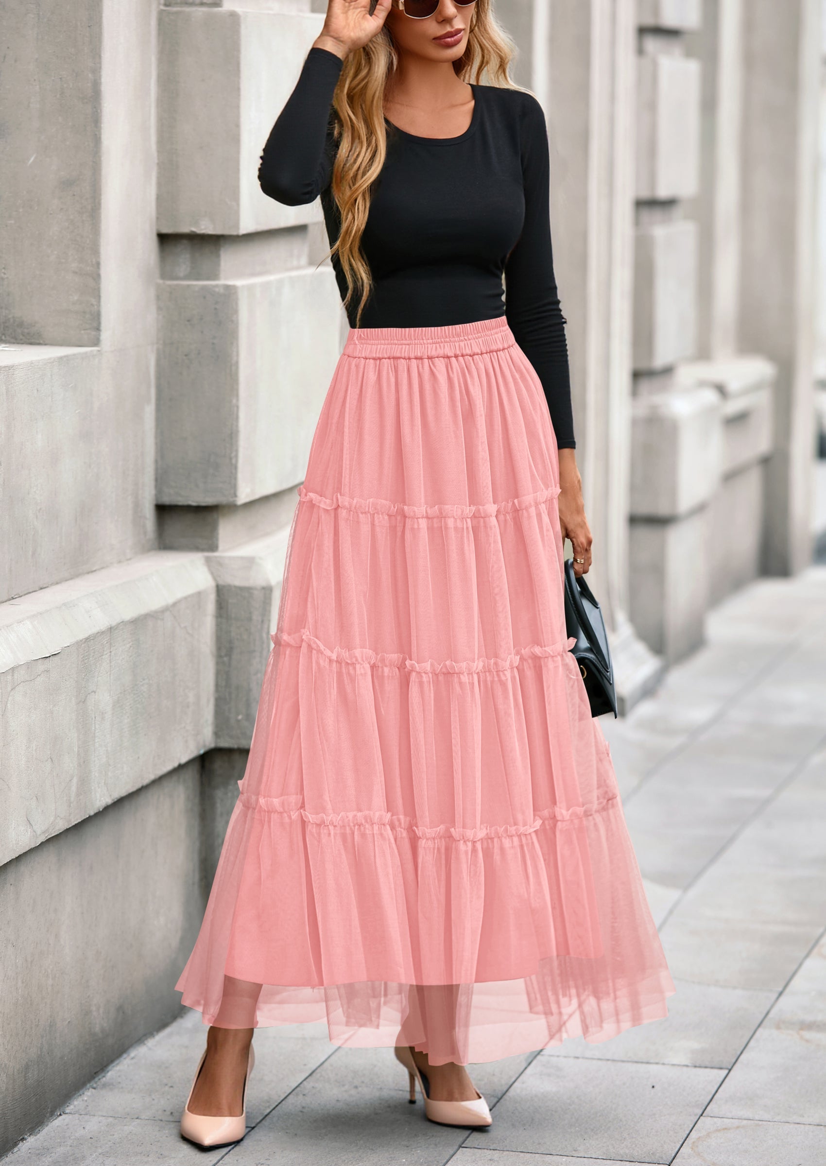 Maxi Skirts for Women Fall Tulle High Waisted Ruffle Flowy A-Line Long Skirt Country Concert Outfits