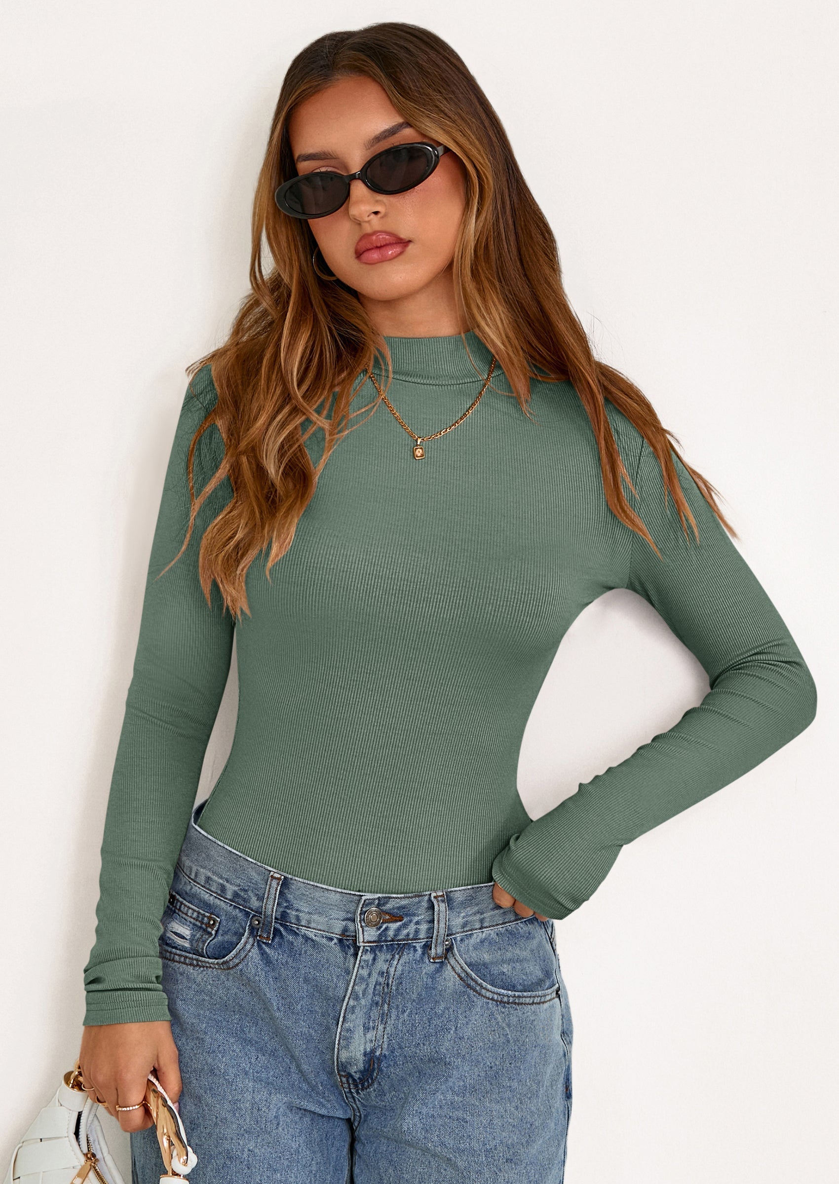 Women's Turtleneck Long Sleeve Shirts Fall Basic Tees Ribbed Fitted Tops Thermal Layering Knit Top Clothes