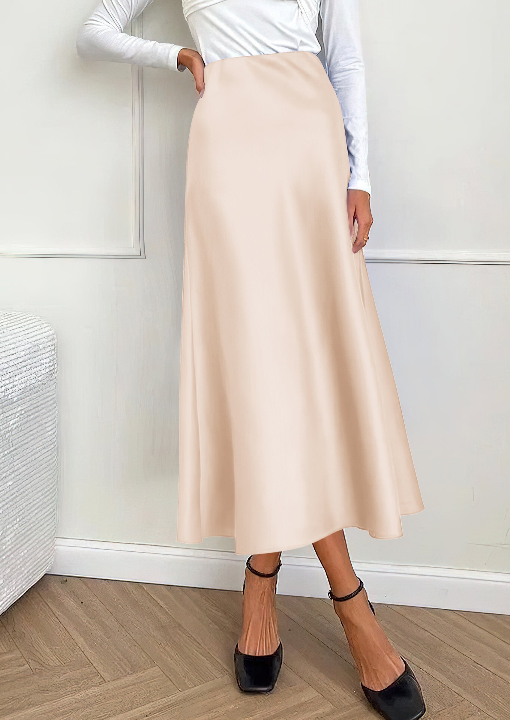 Women's Satin Skirts Dressy Casual Fall High Waisted Cocktail Wedding Flowy Elegant A Line Midi Skirt