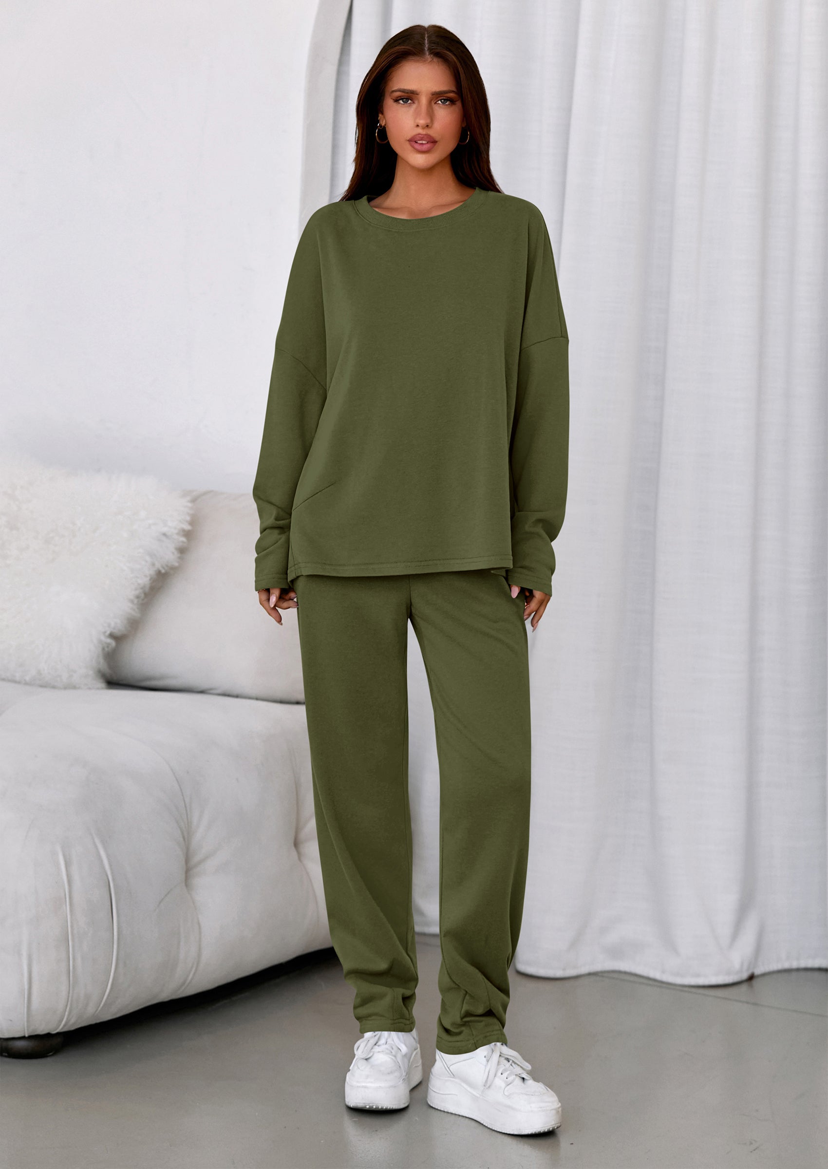 Womens 2 Piece Matching Lounge Sets Fall Long Sleeve Boatneck Sweatsuit Drawstring Sweatpants Pockets