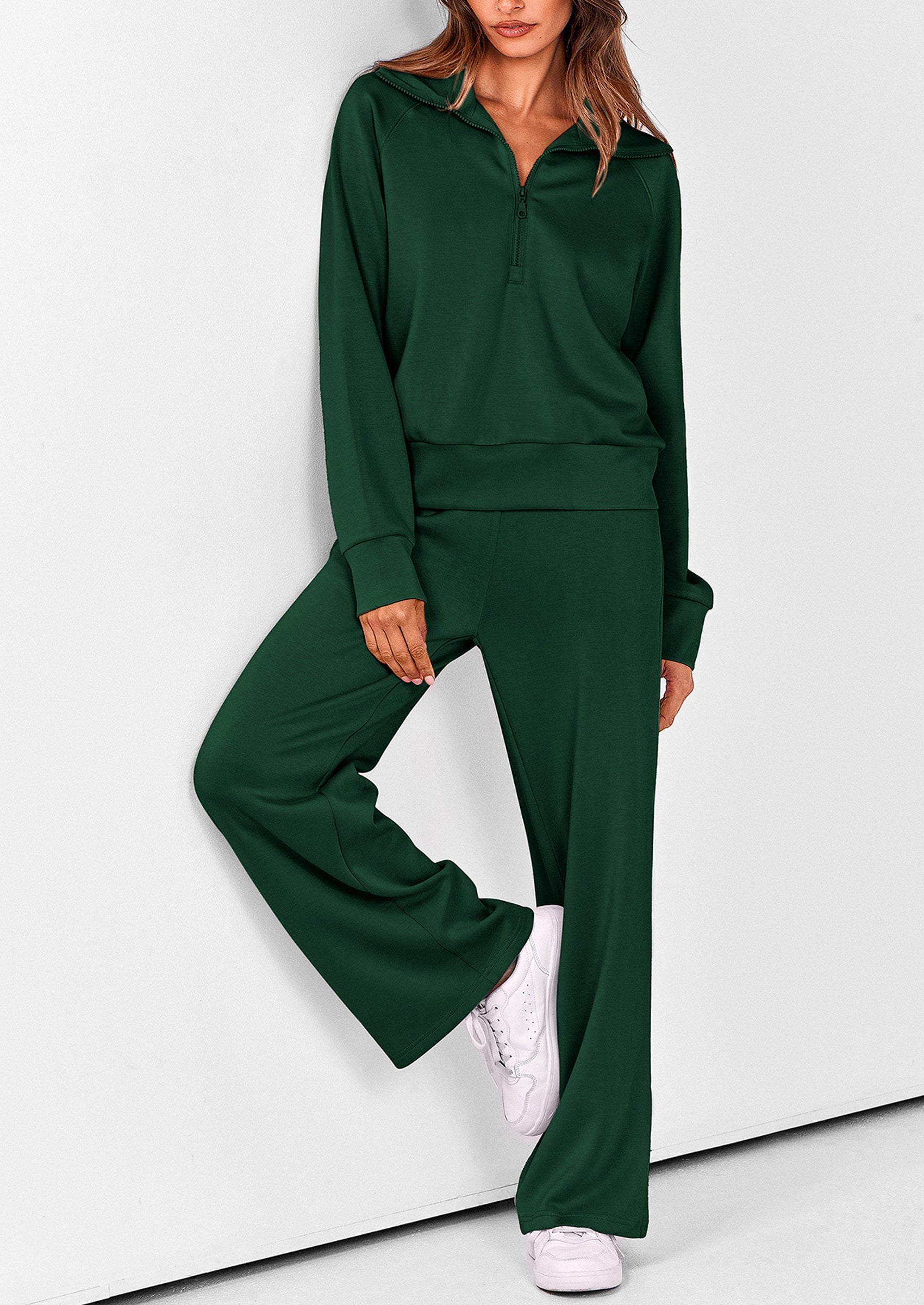 Women's 2 Piece Outfits Casual Lapel Half Zip Sweatshirts And Wide Leg Pants Tracksuit Sets