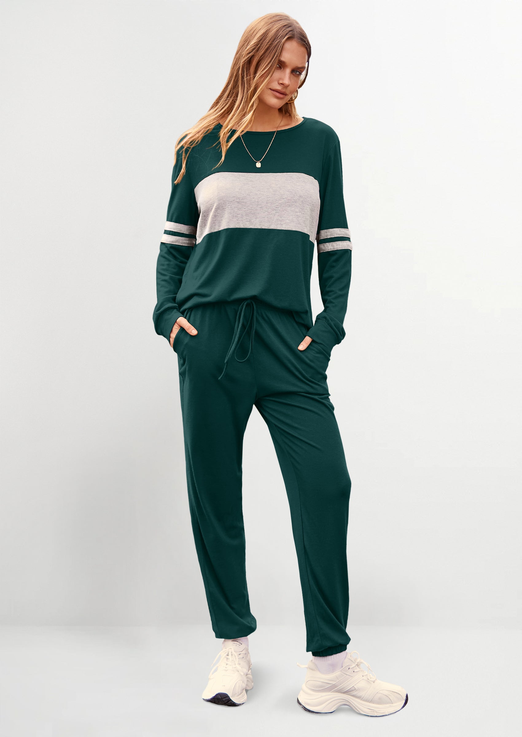 Women's Color Block 2 Piece Spring Tracksuit Crewneck Long Sleeve Tops Long Sweatpants Outfits Lounge Sets