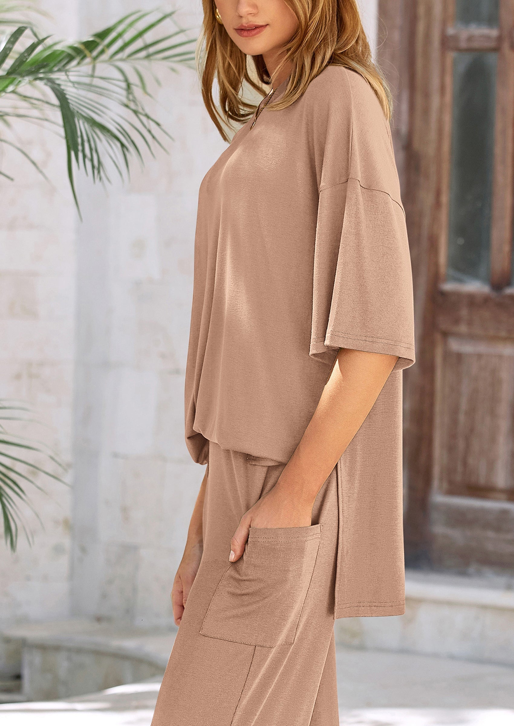 Women's 2 Piece Outfits Casual Short Sleeve Pullover Tops and Wide Leg Pants Lounge Sets Tracksuits