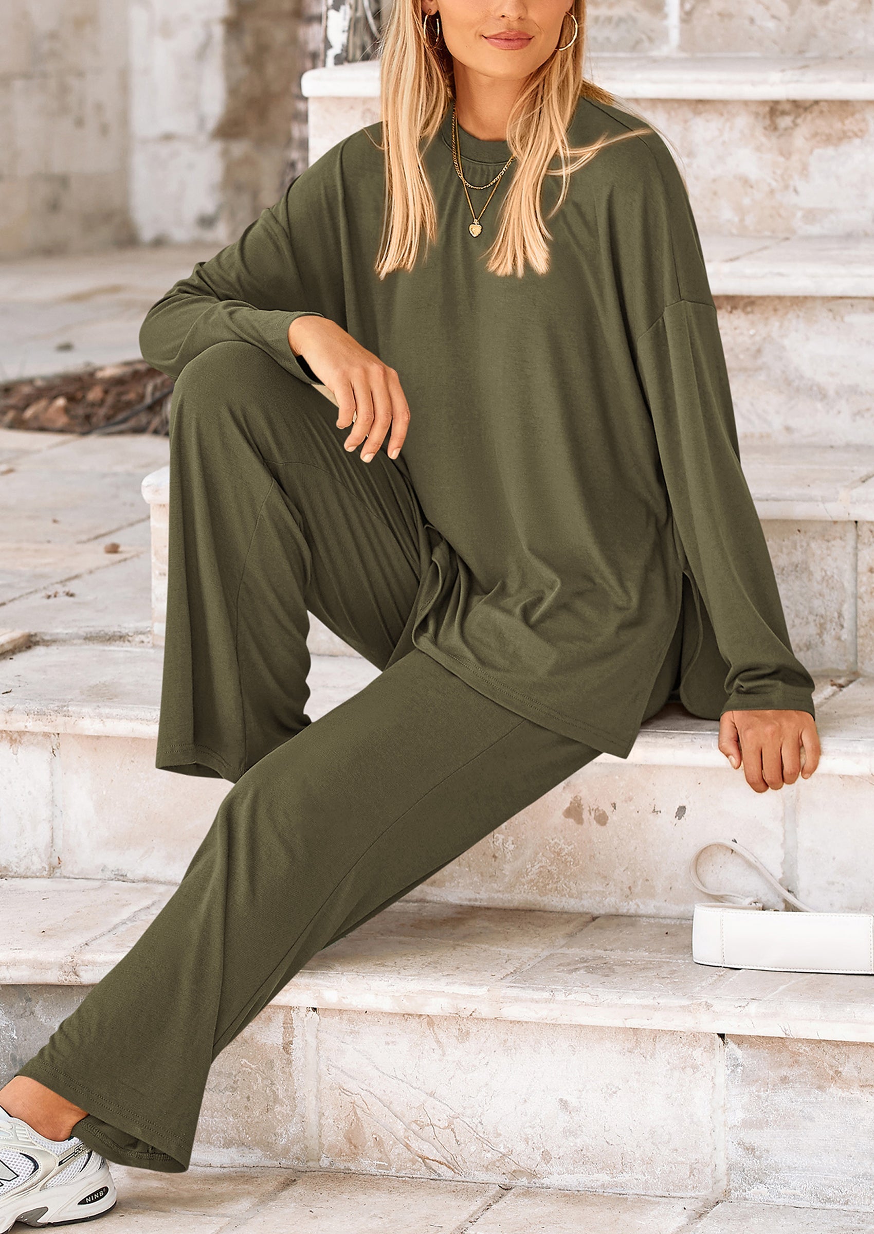 Women's Two Piece Lounge Sets Matching Long Sleeve Shirts Wide Leg Pants Tracksuits Travel Outfits Fall Clothes