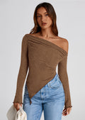 Women's Spring Long Sleeve Y2K Crop Top Trendy Off Shoulder Asymmetrical Fitted Knit Tee Shirts Going Out Tops