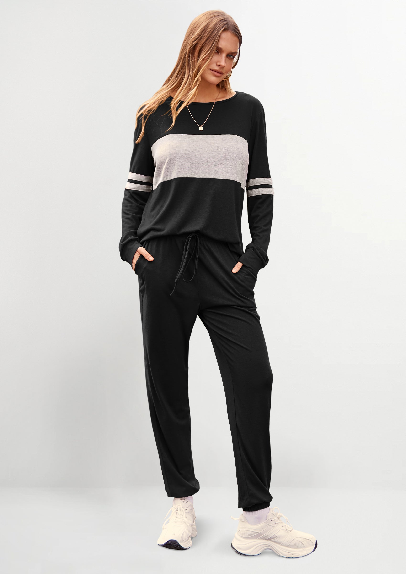 Women's Color Block 2 Piece Spring Tracksuit Crewneck Long Sleeve Tops Long Sweatpants Outfits Lounge Sets