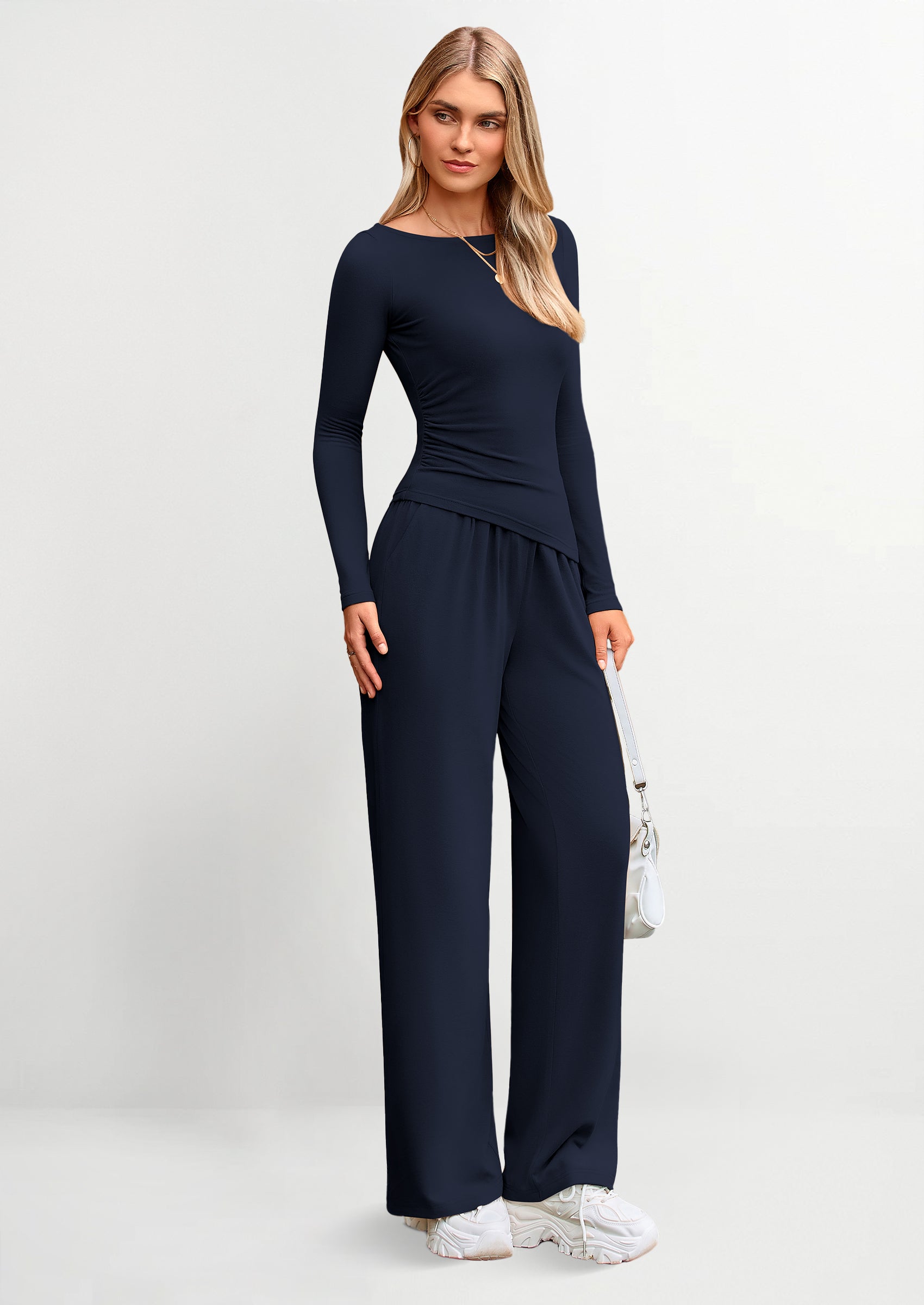 Women's 2 Piece Lounge Sets Asymmetrical Long Sleeve T Shirt Wide Leg Pants Casual Outfits Tracksuit
