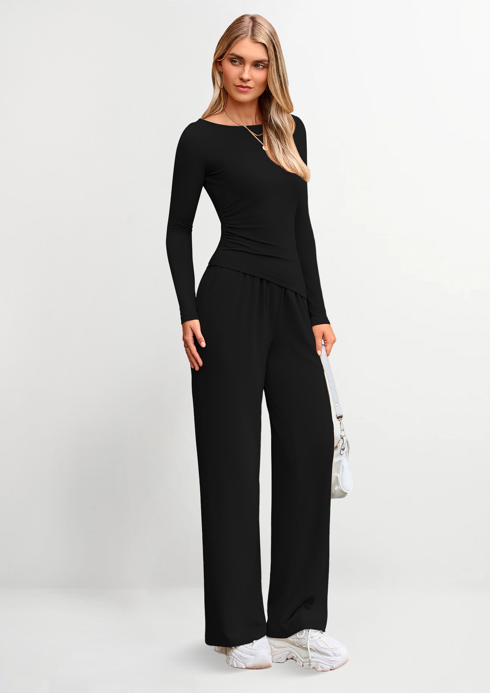 Women's 2 Piece Lounge Sets Asymmetrical Long Sleeve T Shirt Wide Leg Pants Casual Outfits Tracksuit