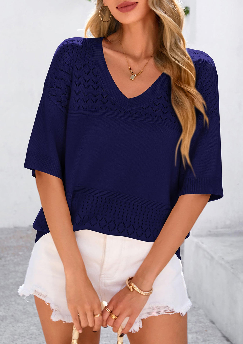 Women's Short Sleeve Sweater Tops Spring Summer Casual V Neck Ribbed Knit Trendy Eyelet Blouse T Shirts