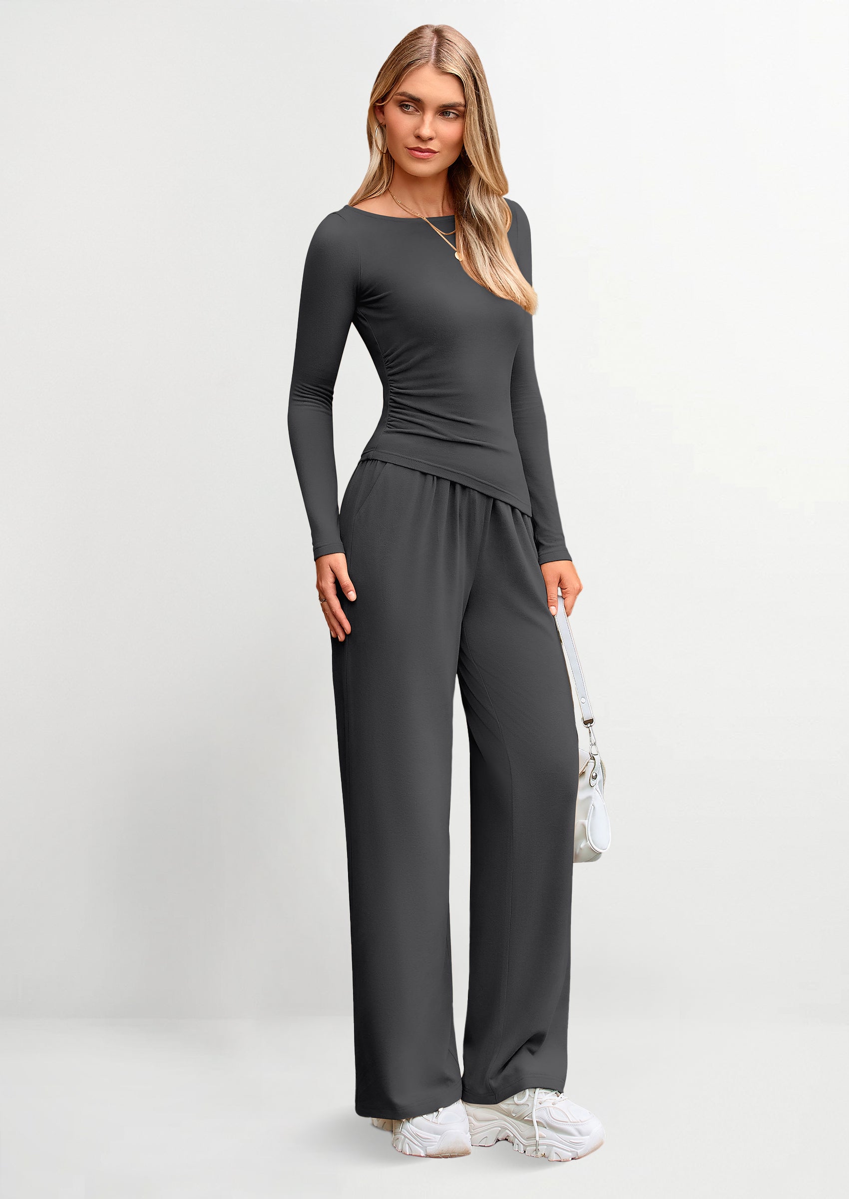 Women's 2 Piece Lounge Sets Asymmetrical Long Sleeve T Shirt Wide Leg Pants Casual Outfits Tracksuit