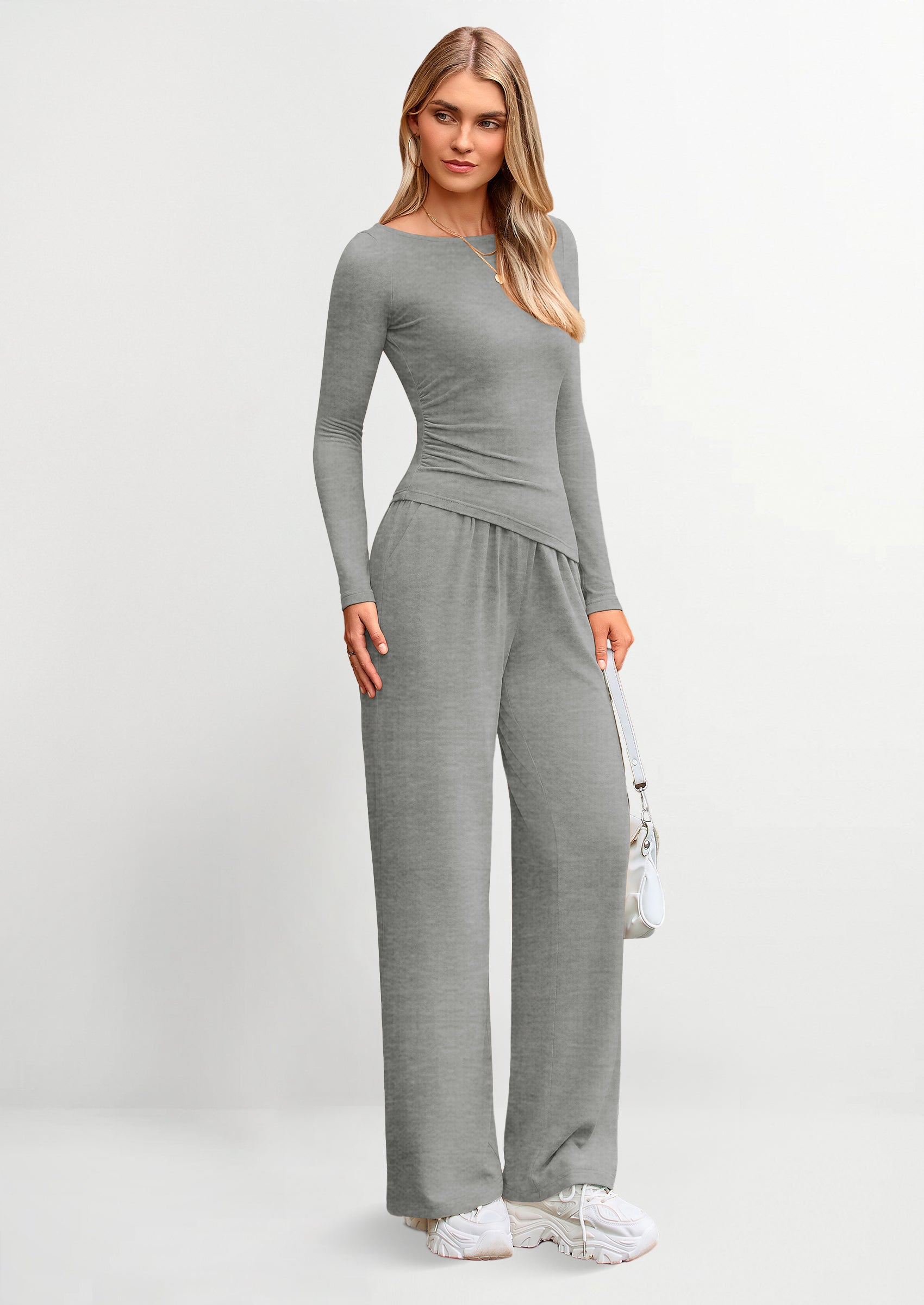 Women's 2 Piece Lounge Sets Asymmetrical Long Sleeve T Shirt Wide Leg Pants Casual Outfits Tracksuit