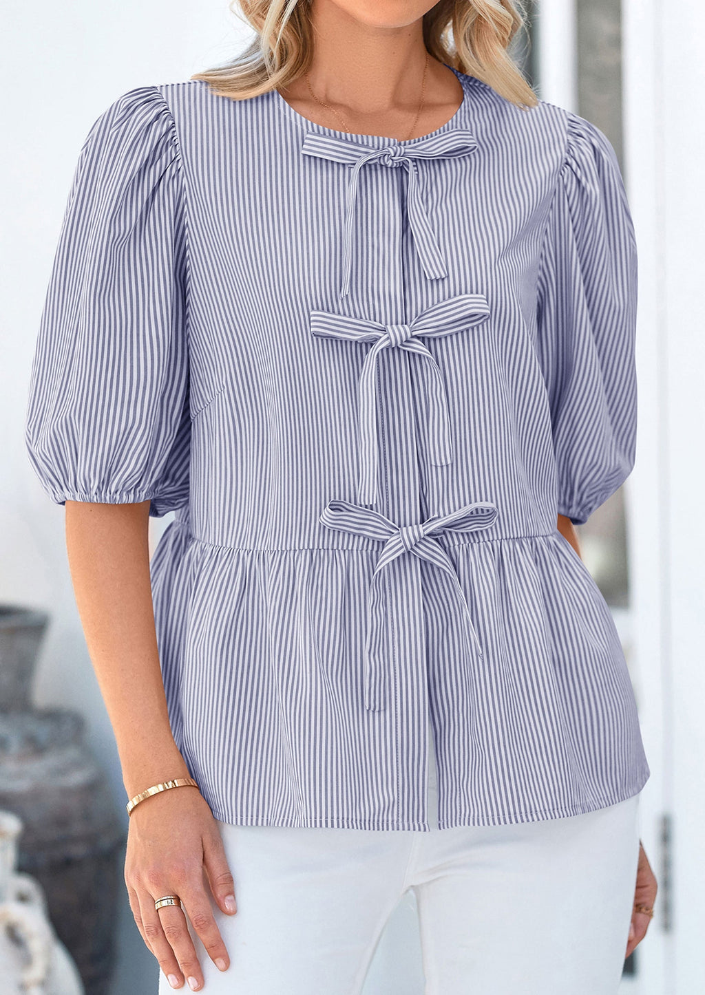 Women's Tie Front Striped Shirt Summer Trendy Fashion Cute Babydoll Tops Peplum Puffy Sleeve Blouse
