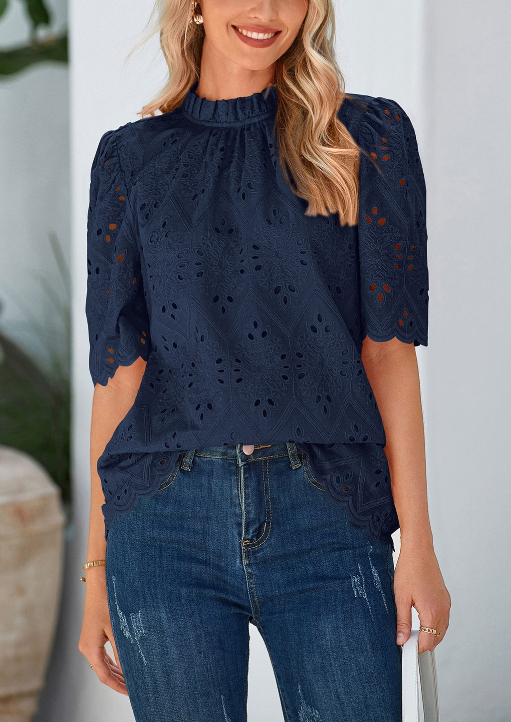 Womens Summer Tops Trendy Short Sleeve Eyelet Embroidered Dressy Casual Blouse Shirts