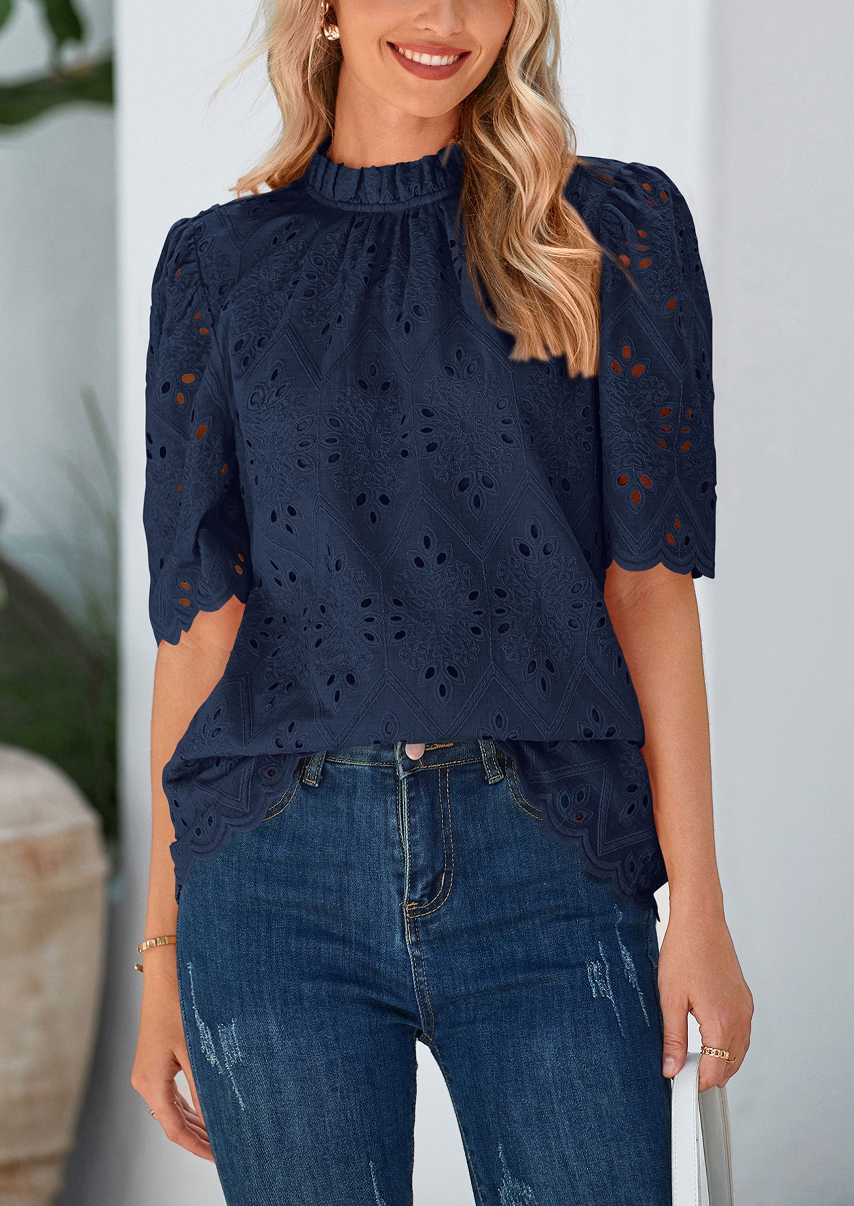 Womens Summer Tops Trendy Short Sleeve Eyelet Embroidered Dressy Casual Blouse Shirts