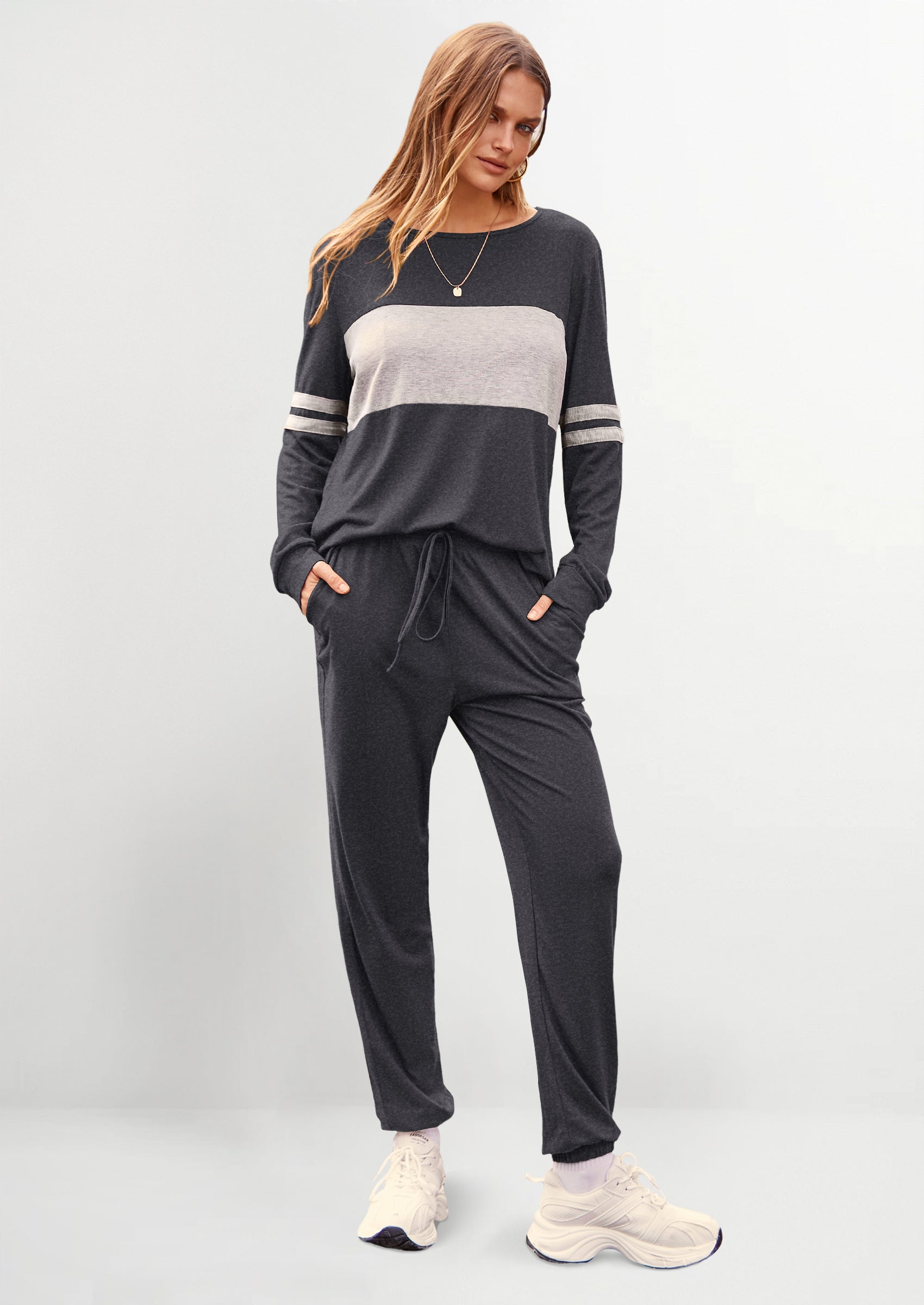 Women's Color Block 2 Piece Spring Tracksuit Crewneck Long Sleeve Tops Long Sweatpants Outfits Lounge Sets