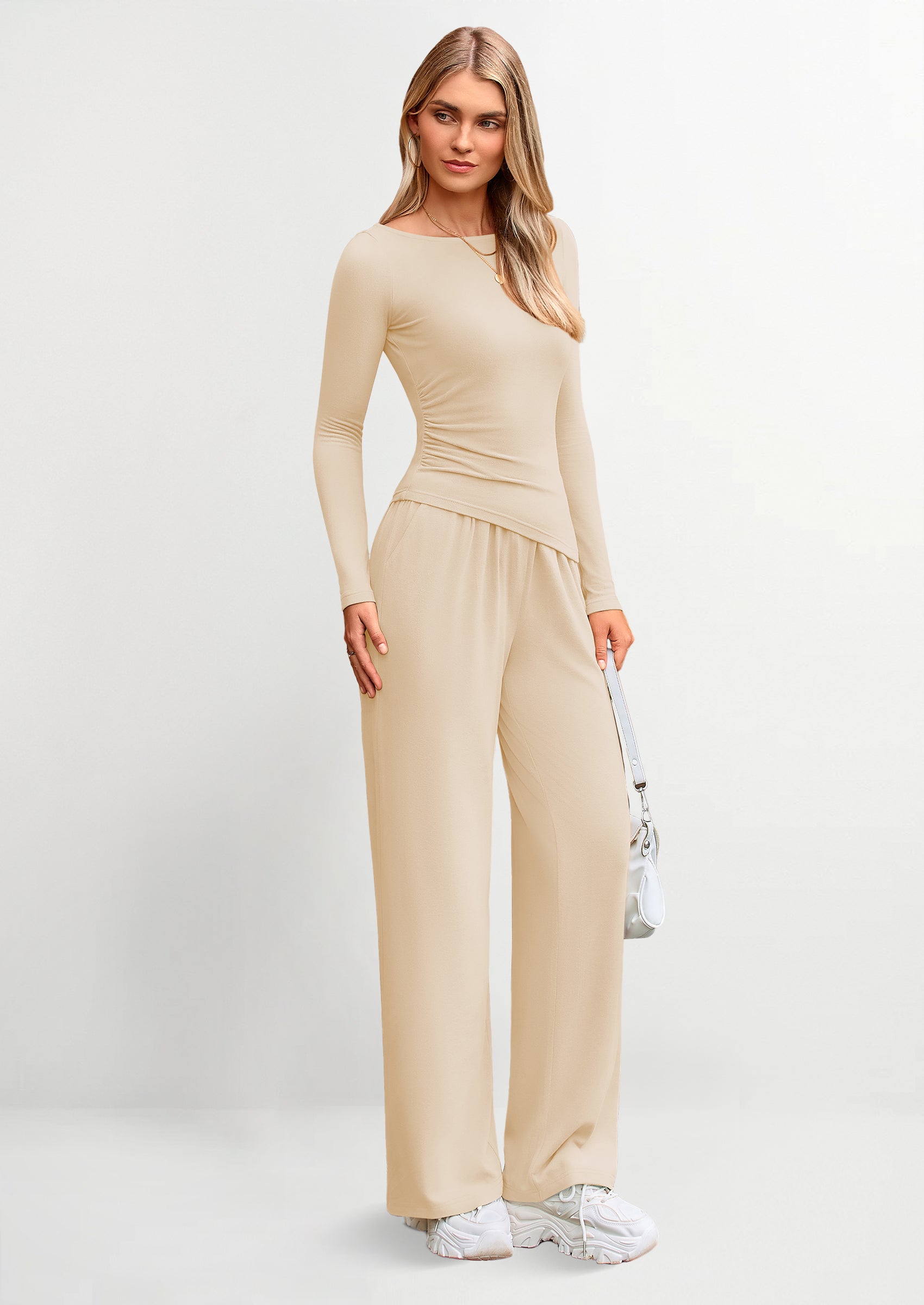 Women's 2 Piece Lounge Sets Asymmetrical Long Sleeve T Shirt Wide Leg Pants Casual Outfits Tracksuit