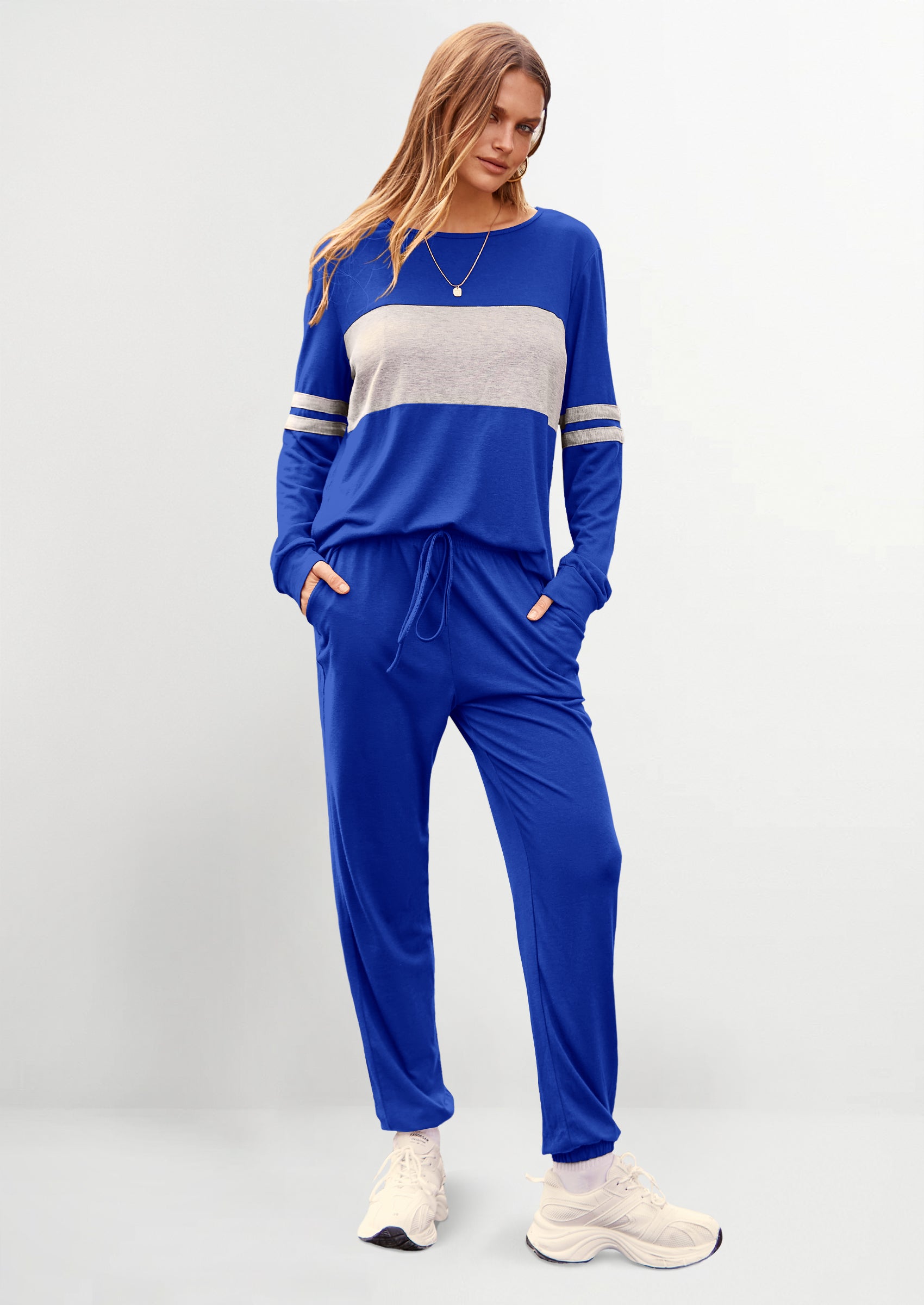 Women's Color Block 2 Piece Spring Tracksuit Crewneck Long Sleeve Tops Long Sweatpants Outfits Lounge Sets