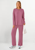 Women's Two Piece Lounge Sets Matching Long Sleeve Shirts Wide Leg Pants Tracksuits Travel Outfits Fall Clothes