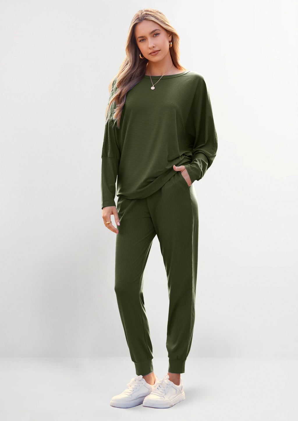 Women's Fall 2 Piece Lounge Set Long Sleeve Tops Ribbed Pants Spring Matching Sweatsuit Travel Outfits Clothes