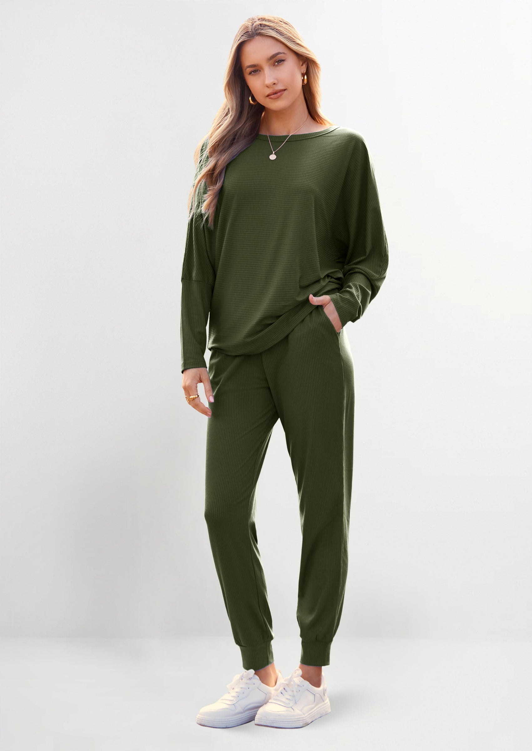 Women's Fall 2 Piece Lounge Set Long Sleeve Tops Ribbed Pants Spring Matching Sweatsuit Travel Outfits Clothes