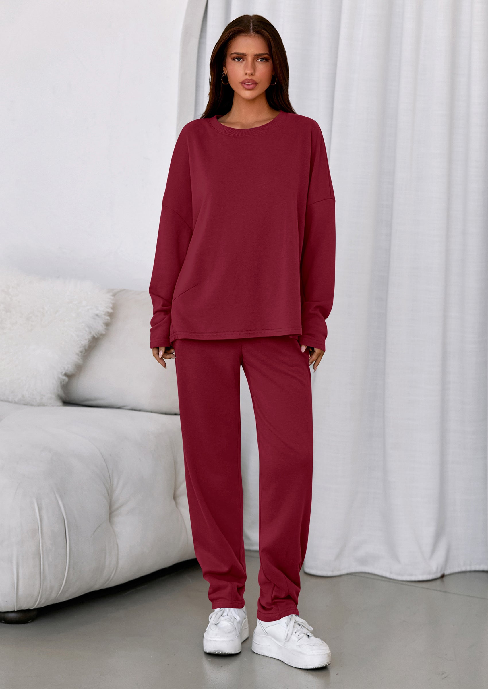 Womens 2 Piece Matching Lounge Sets Fall Long Sleeve Boatneck Sweatsuit Drawstring Sweatpants Pockets