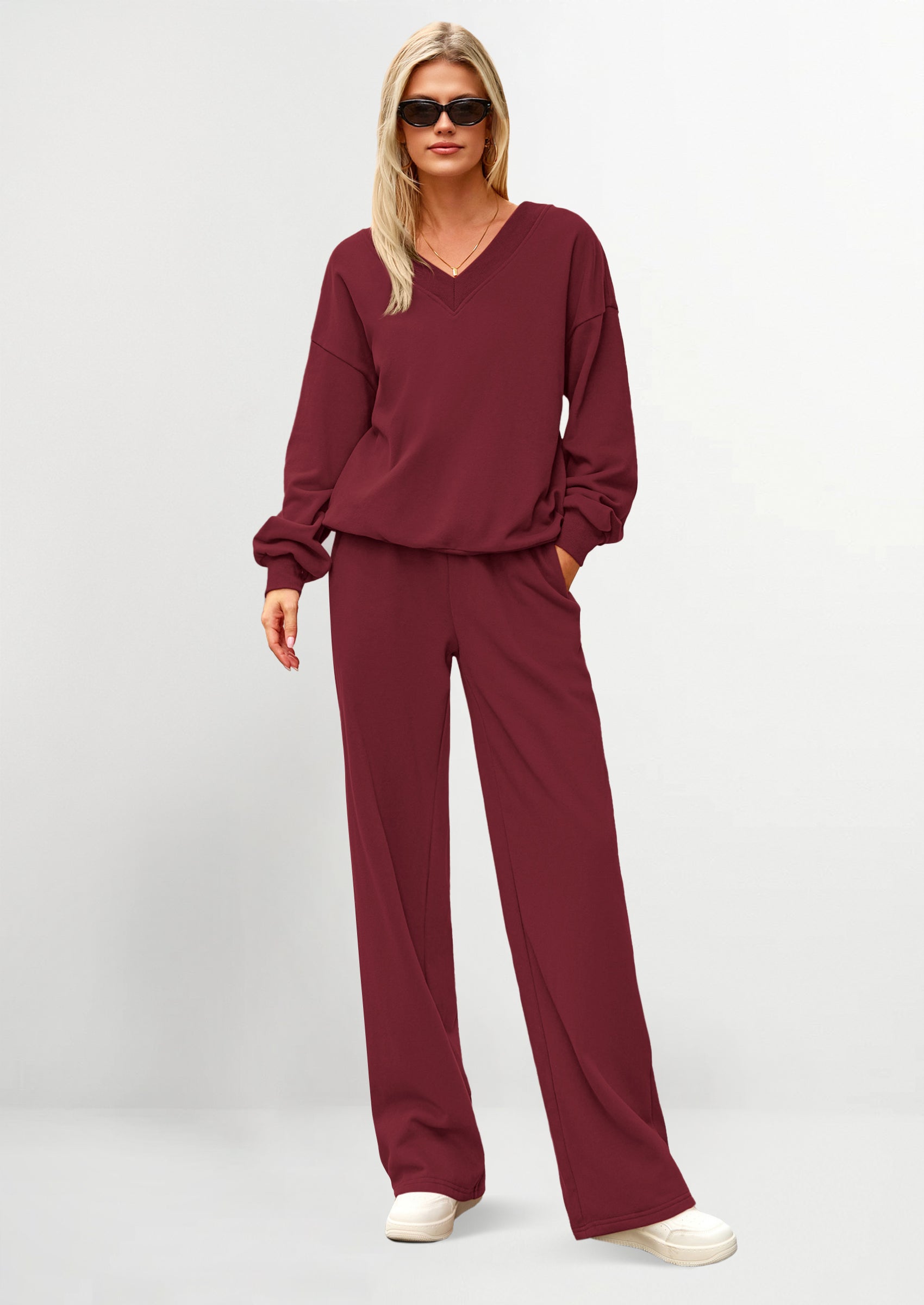 Casual Winter Two Piece Sets for Women V Neck Sweatshirt Loose Wide Leg Pants Tracksuit Knit Fall Outfits