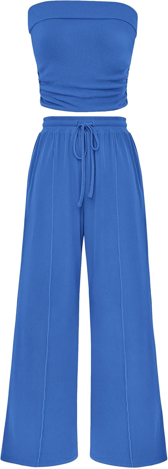 2 Piece Sets Casual Ribbed Knit Crop Tube Top Wide Leg Pants Lounge Set