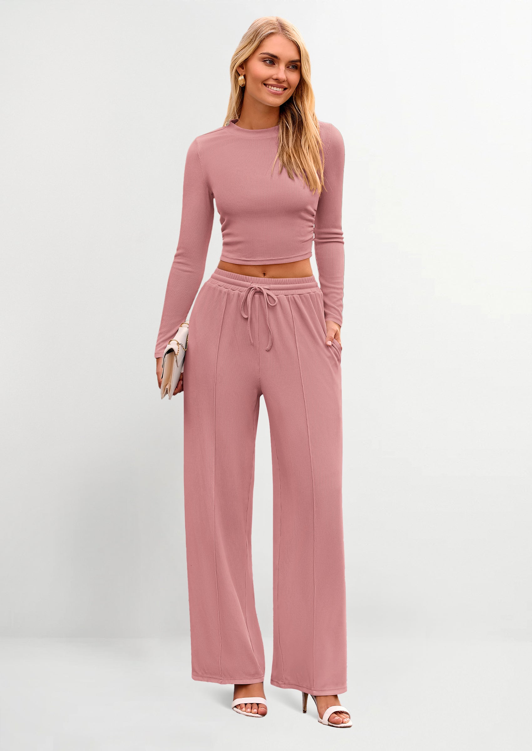 Women's 2 Piece Loungewear Long Sleeve Crop Top Wide Leg Palazzo Pants Set Tracksuits Casual Outfit