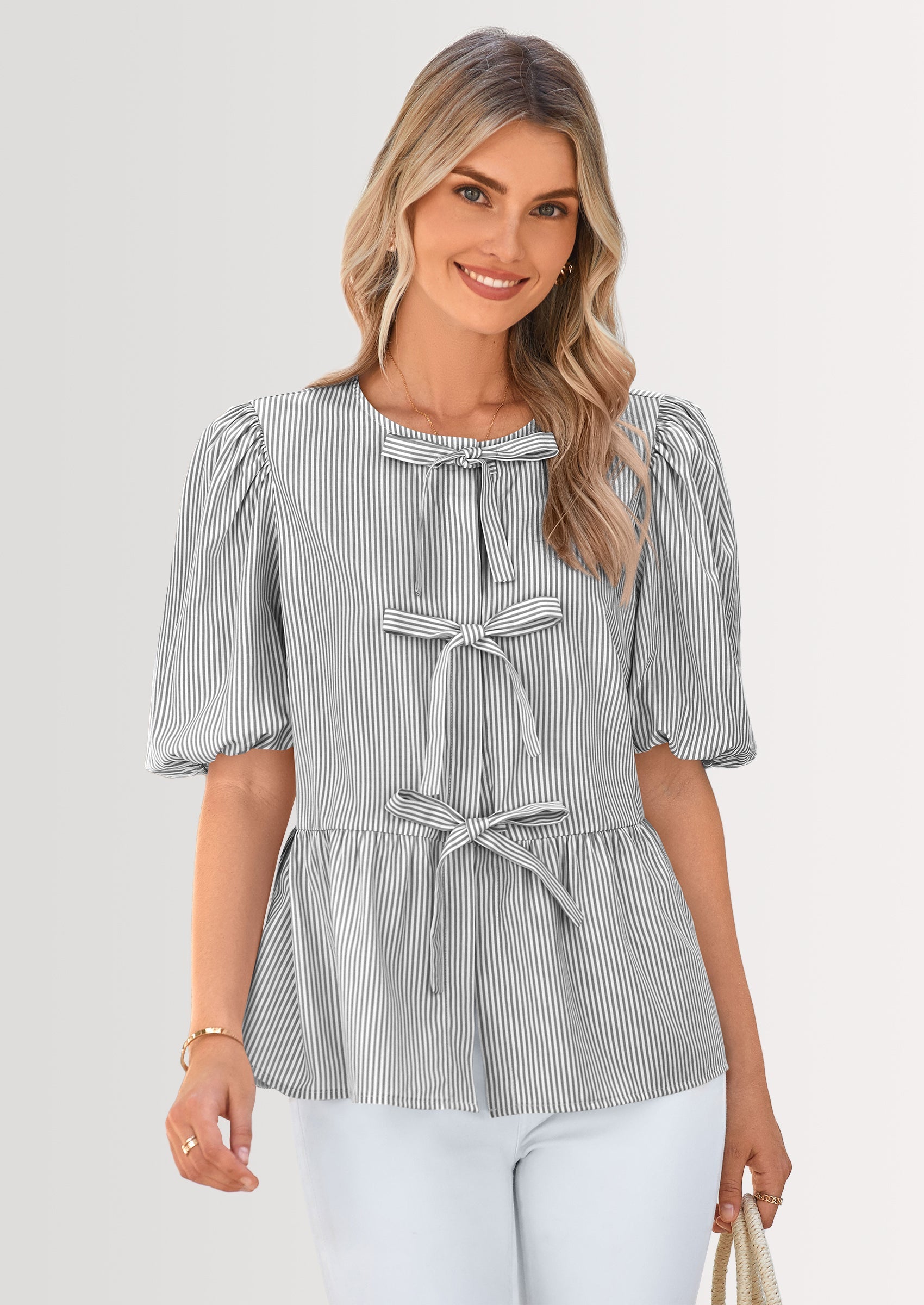 Women's Tie Front Striped Shirt Summer Trendy Fashion Cute Babydoll Tops Peplum Puffy Sleeve Blouse