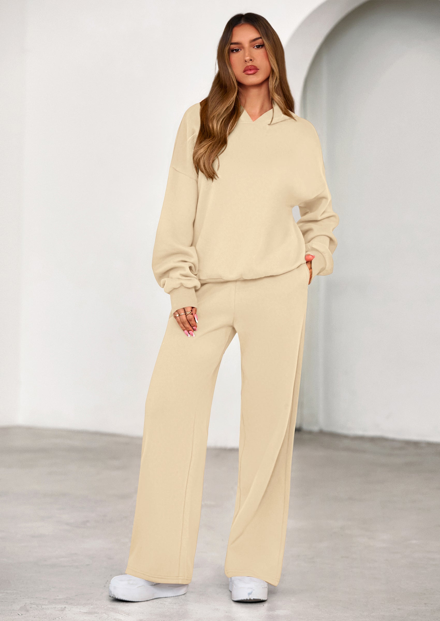 Womens Sweatsuits 2 Piece Set Casual Winter Long Sleeve Hoodie Loose Wide Leg Sweatpants Fall Tracksuit