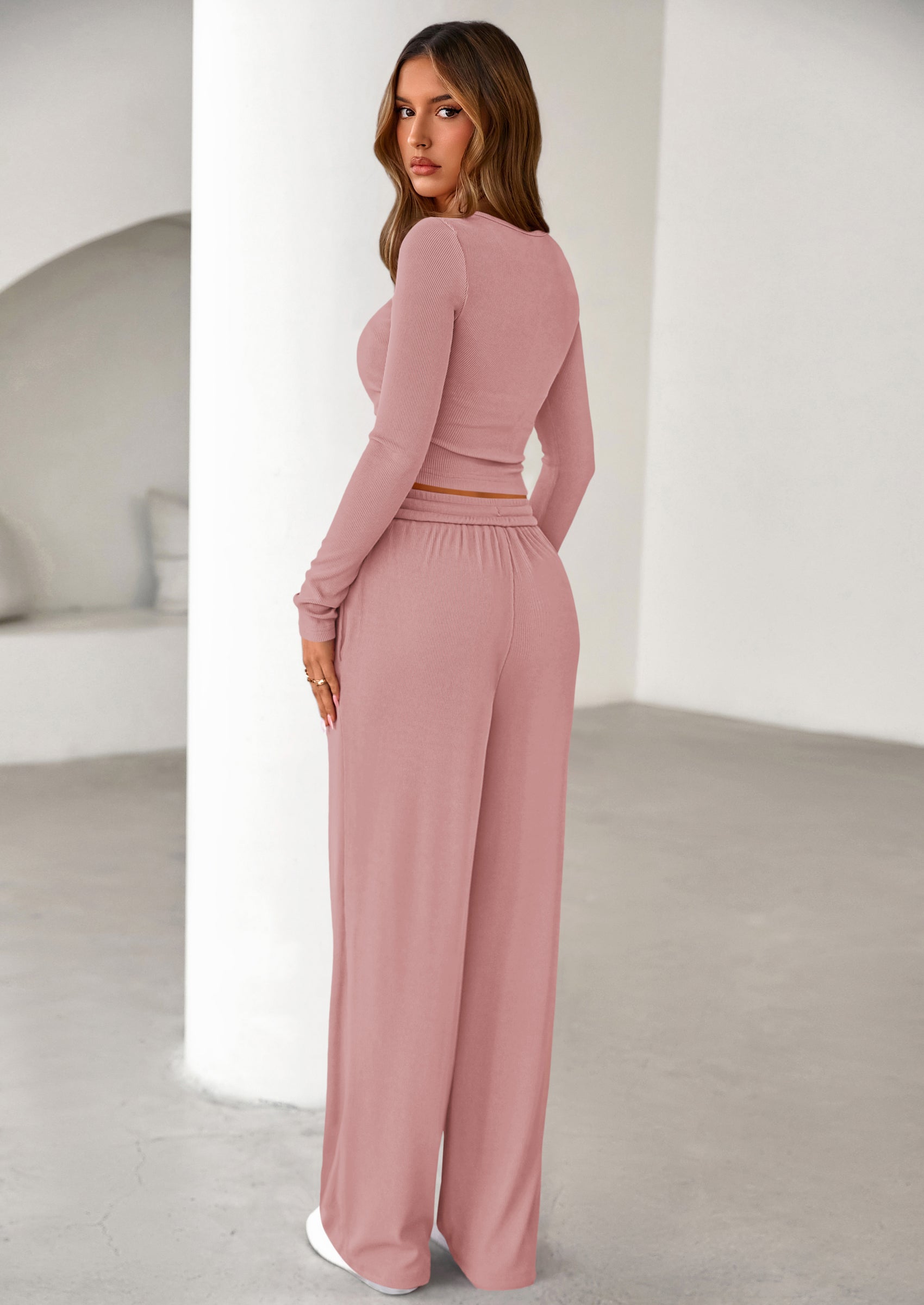 Women's Fall Trendy 2 Piece Outfits Lounge Sets Long Sleeve Top Henley Shirts Wide Leg Pants Travel Clothes