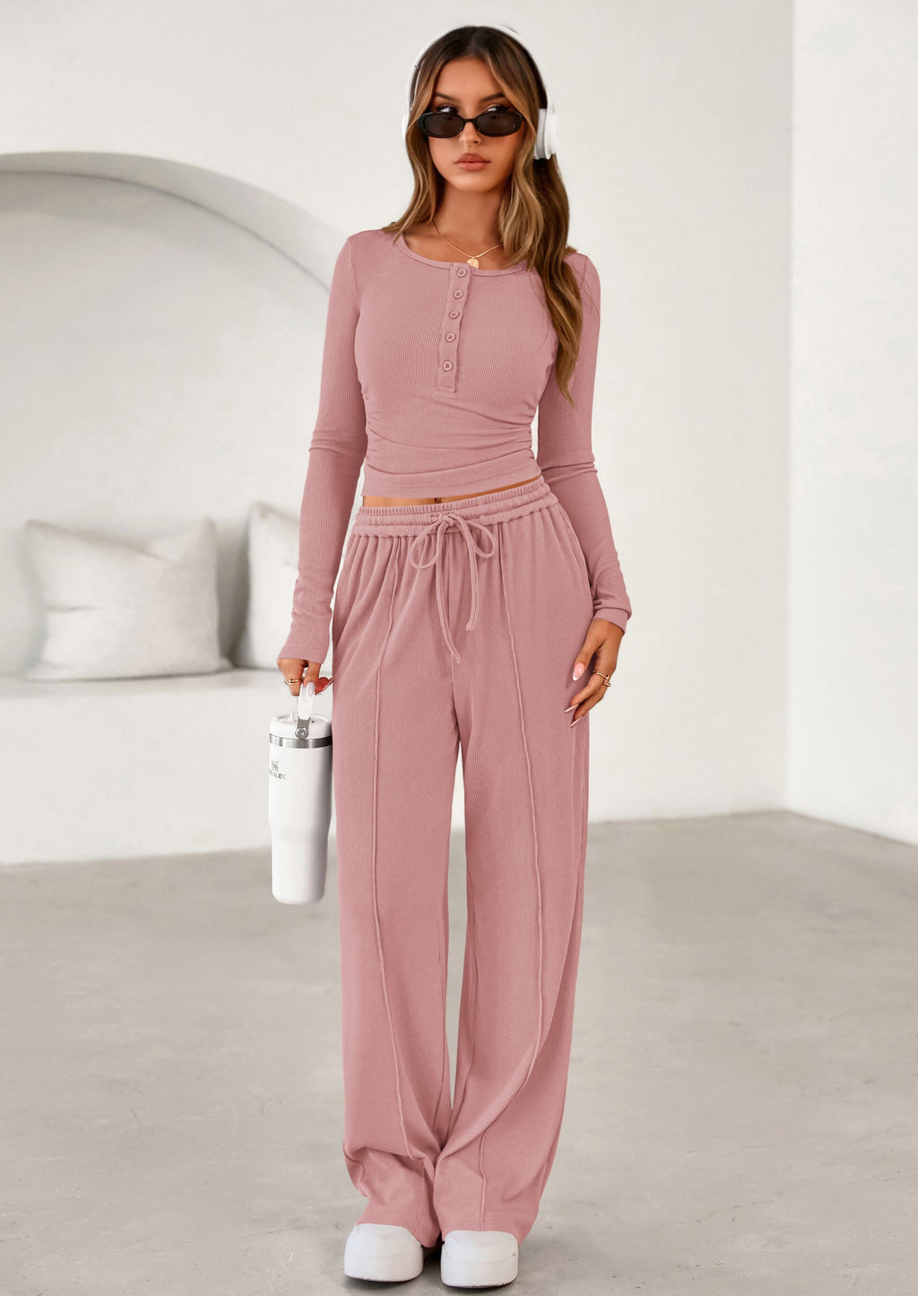 Women's Fall Trendy 2 Piece Outfits Lounge Sets Long Sleeve Top Henley Shirts Wide Leg Pants Travel Clothes