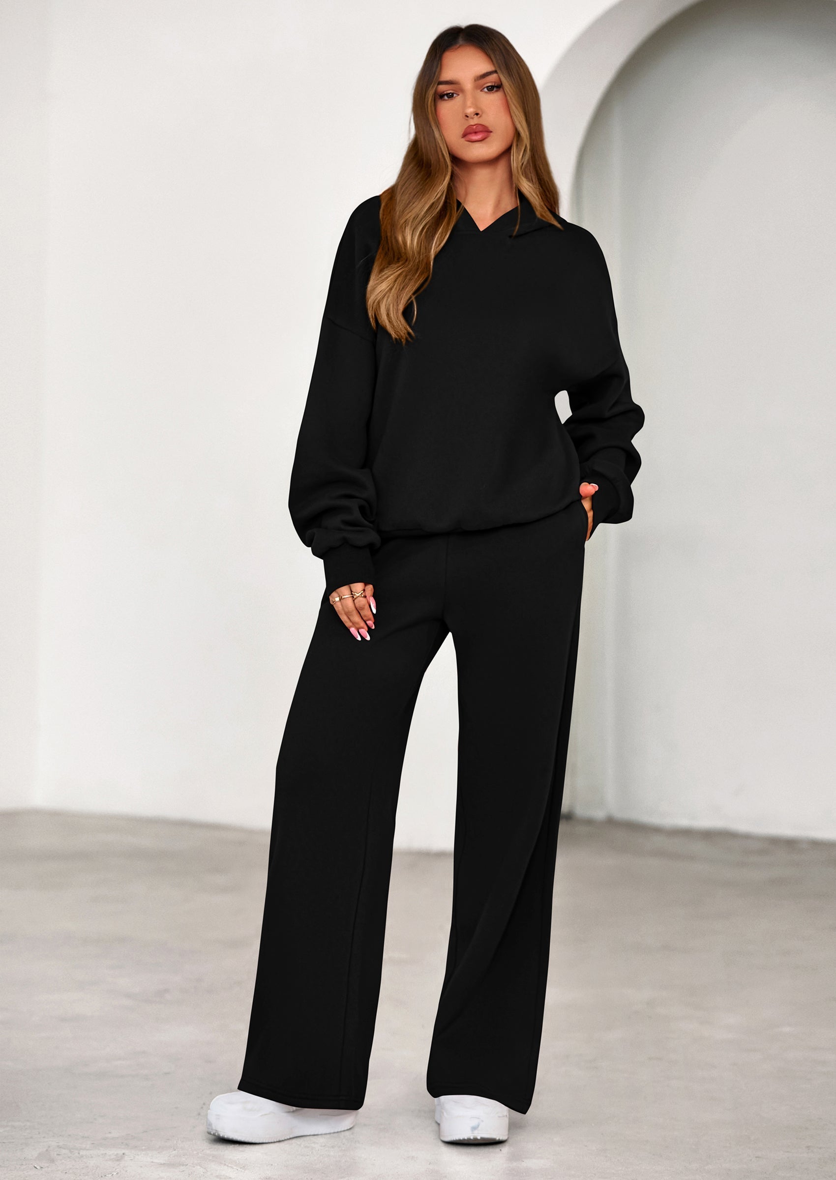 Womens Sweatsuits 2 Piece Set Casual Winter Long Sleeve Hoodie Loose Wide Leg Sweatpants Fall Tracksuit