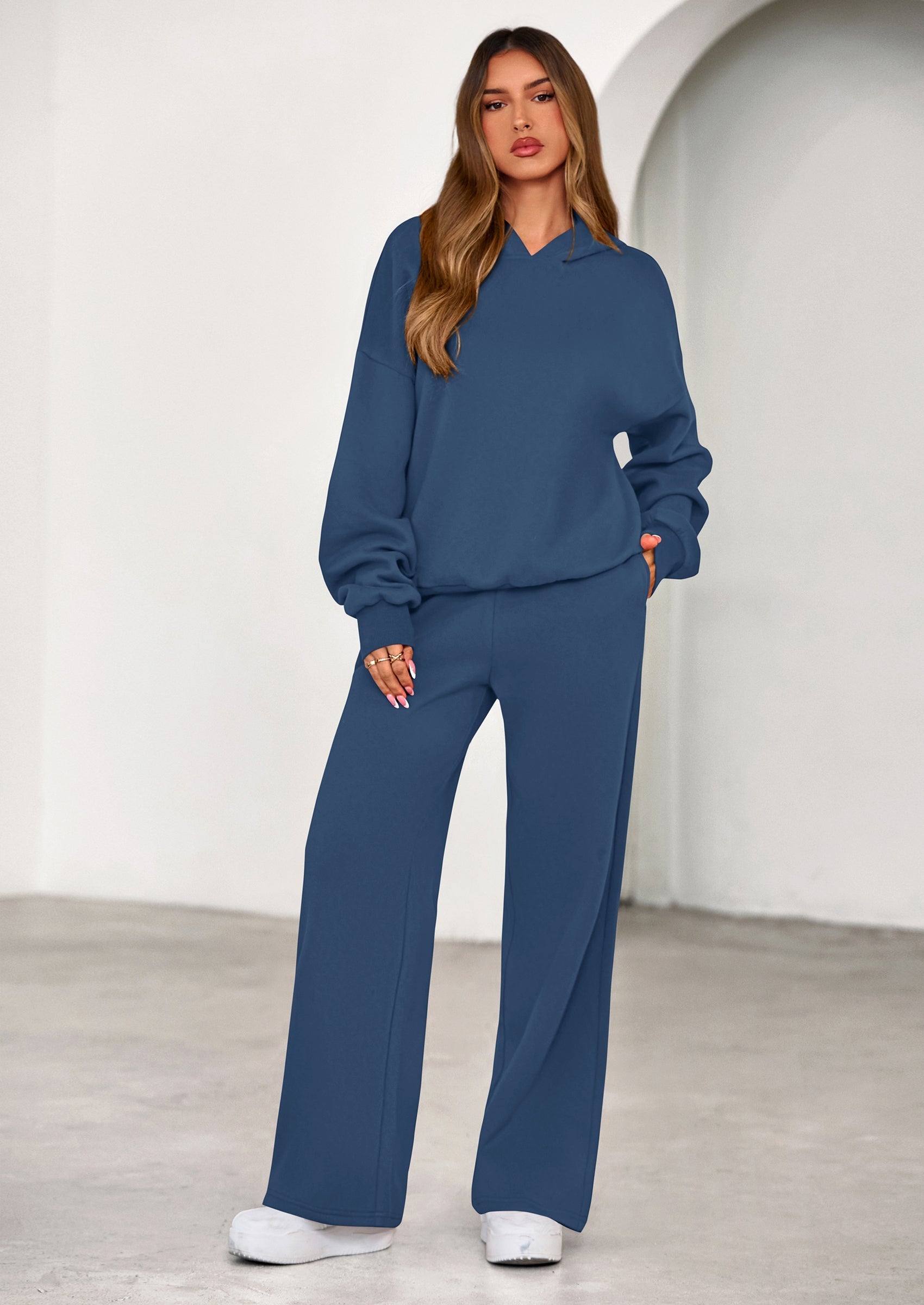 Womens Sweatsuits 2 Piece Set Casual Winter Long Sleeve Hoodie Loose Wide Leg Sweatpants Fall Tracksuit
