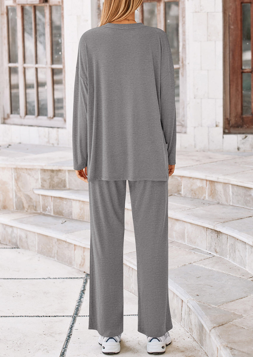 Women's Two Piece Lounge Sets Matching Long Sleeve Shirts Wide Leg Pants Tracksuits Travel Outfits Fall Clothes